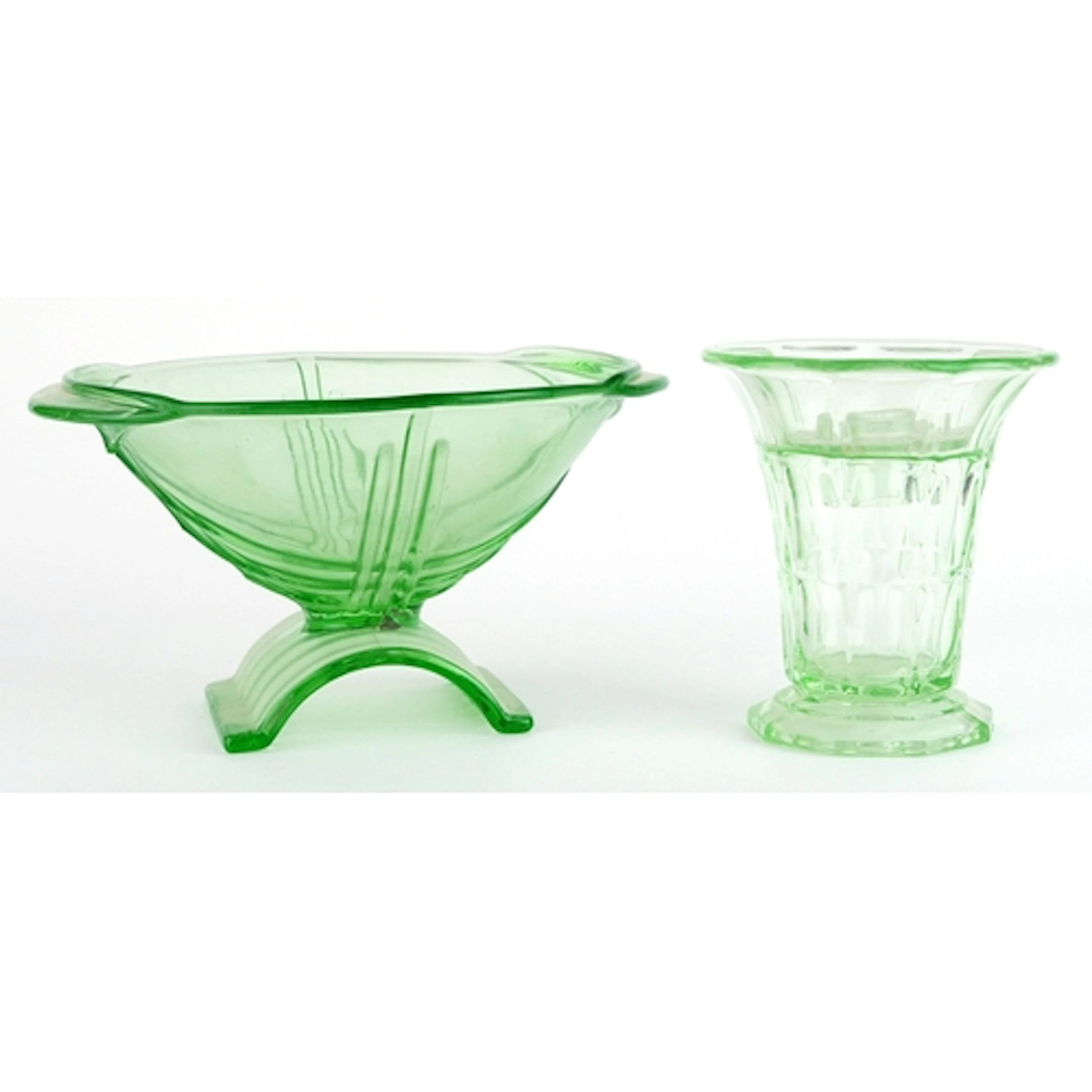 Art Deco green uranium glass fruit bowl and vase, the fruit ...