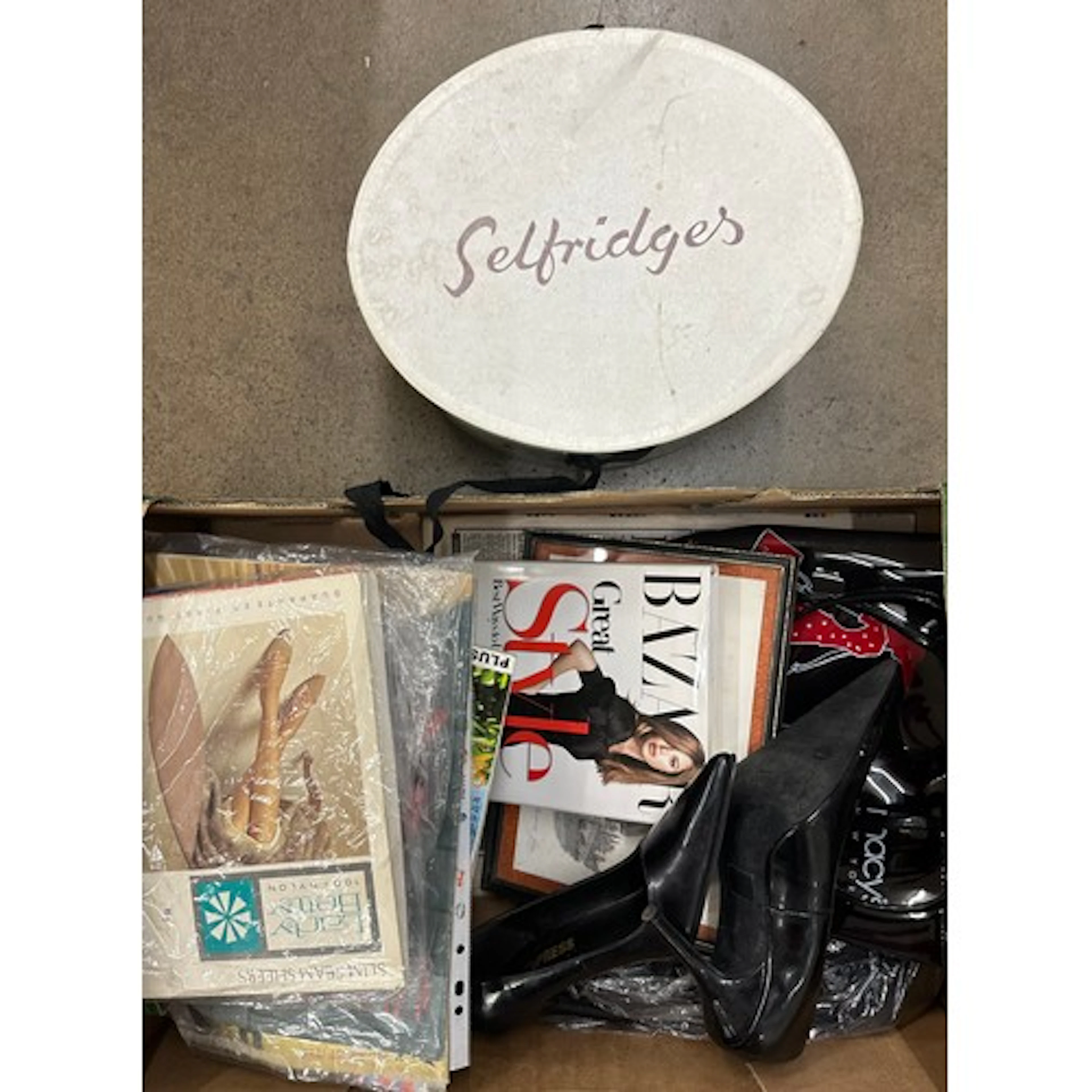 A vintage lady's hat in Selfridges box, Dior make up, stocki...