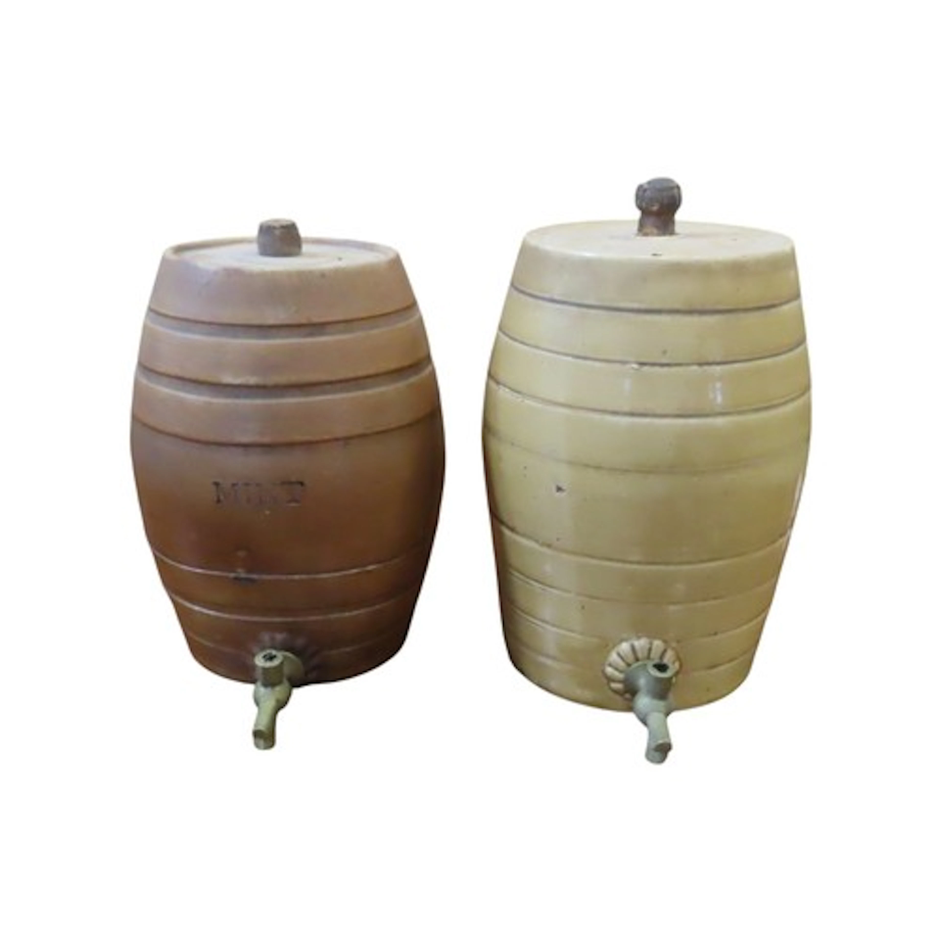 Two vintage stoneware barrels with brass taps, the largest e...