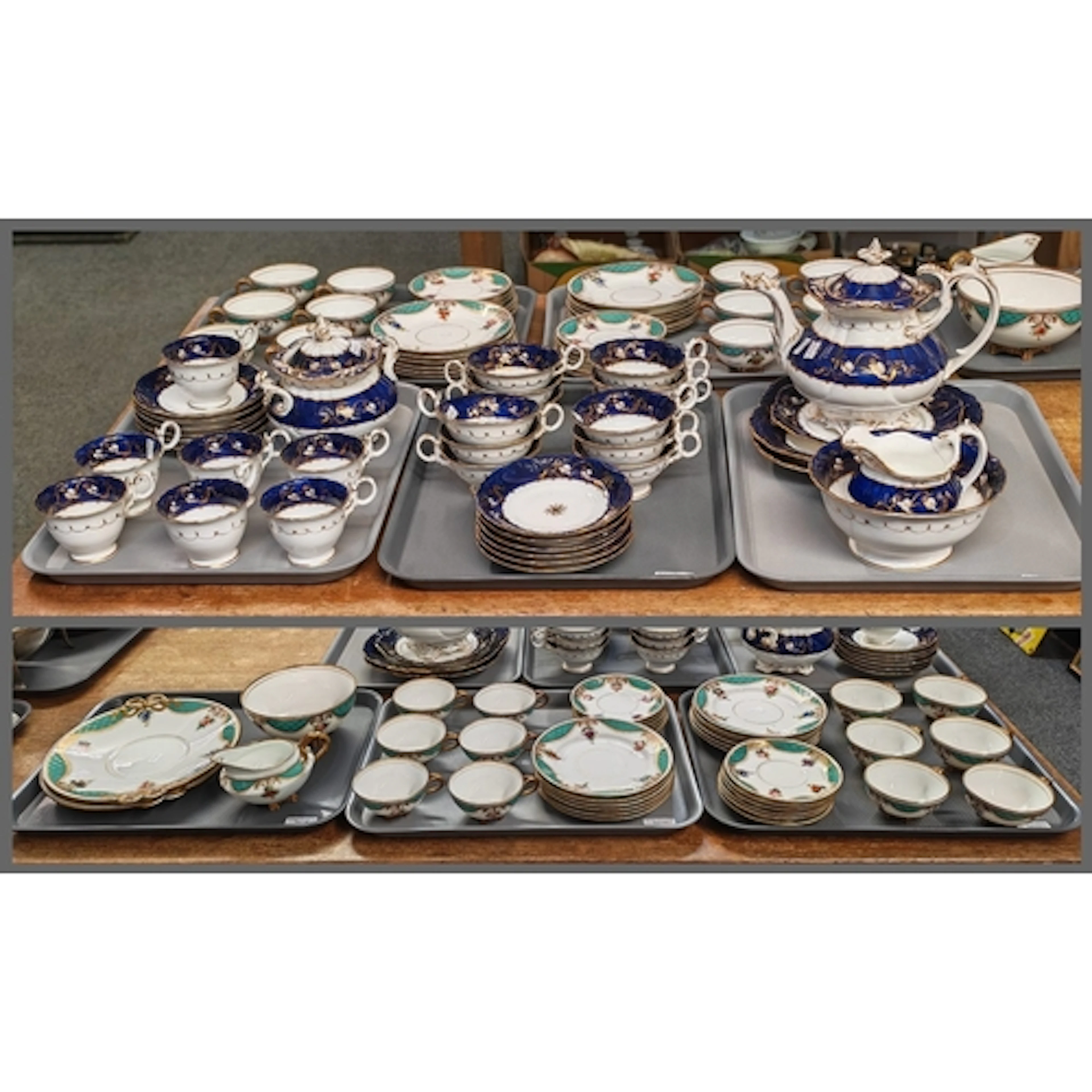 Three trays of 19th century porcelain tea ware in Neo Rococo...