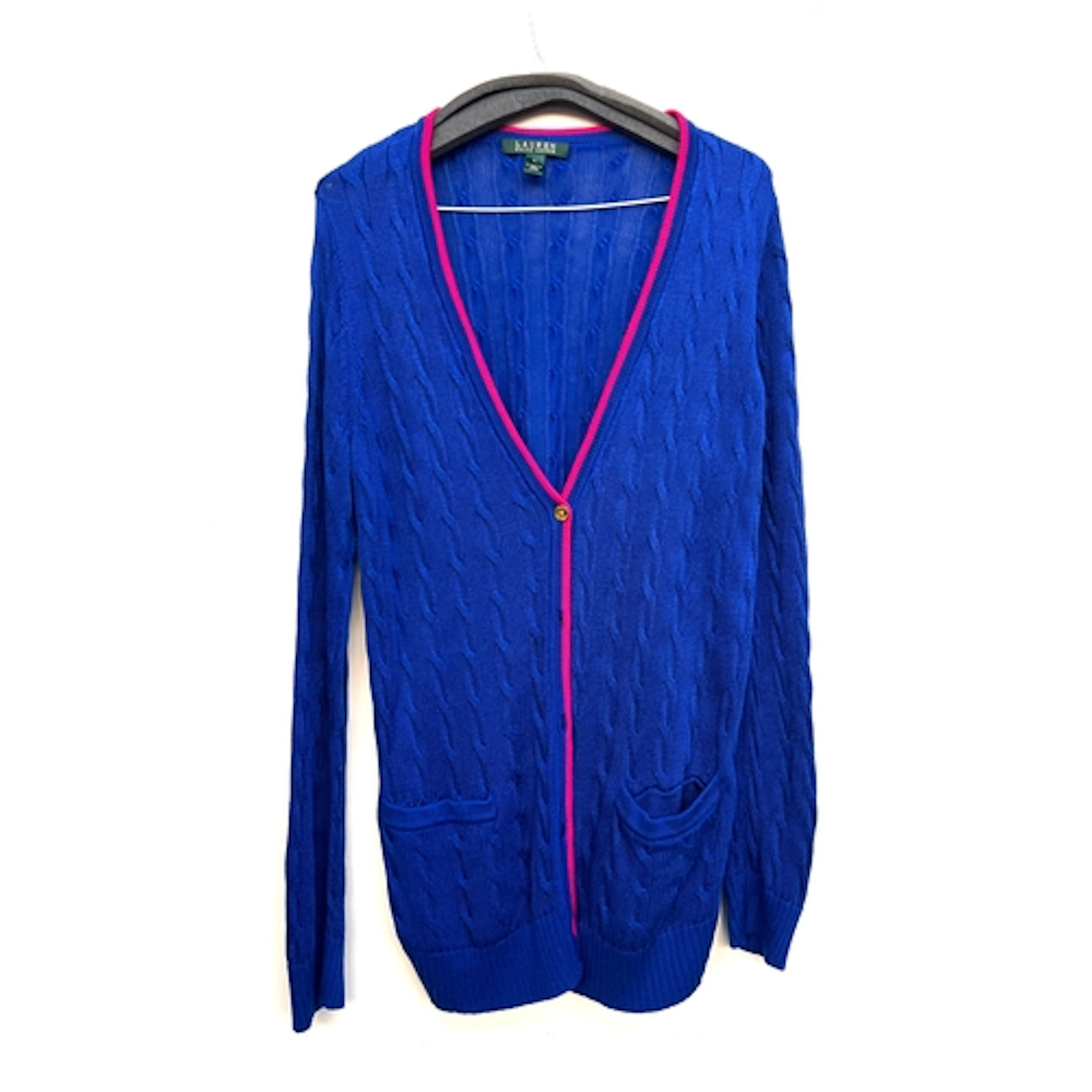 A Ralph Lauren blue cable knit cotton blend cardigan with re...