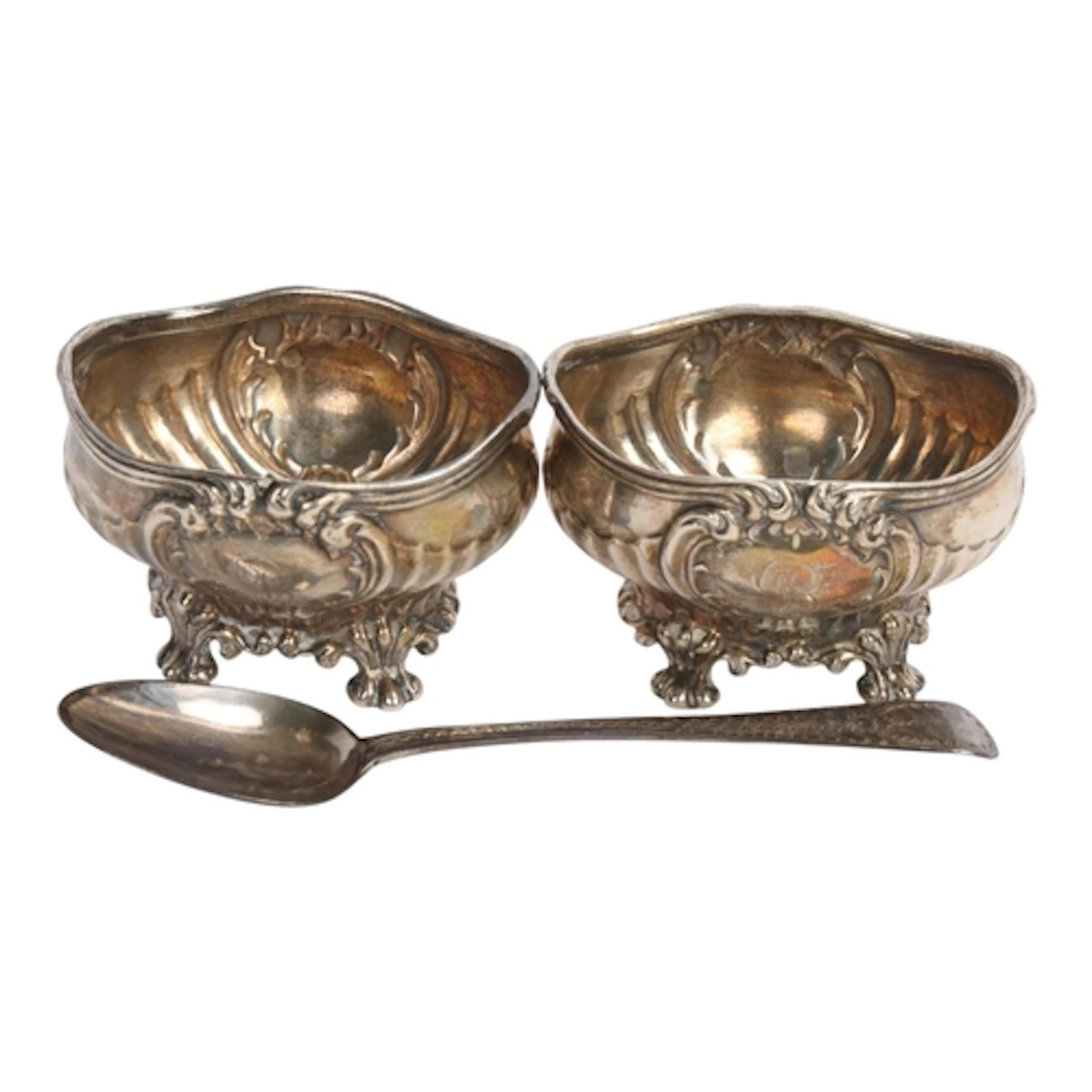A pair of Antique American sterling silver salt cellars, The...
