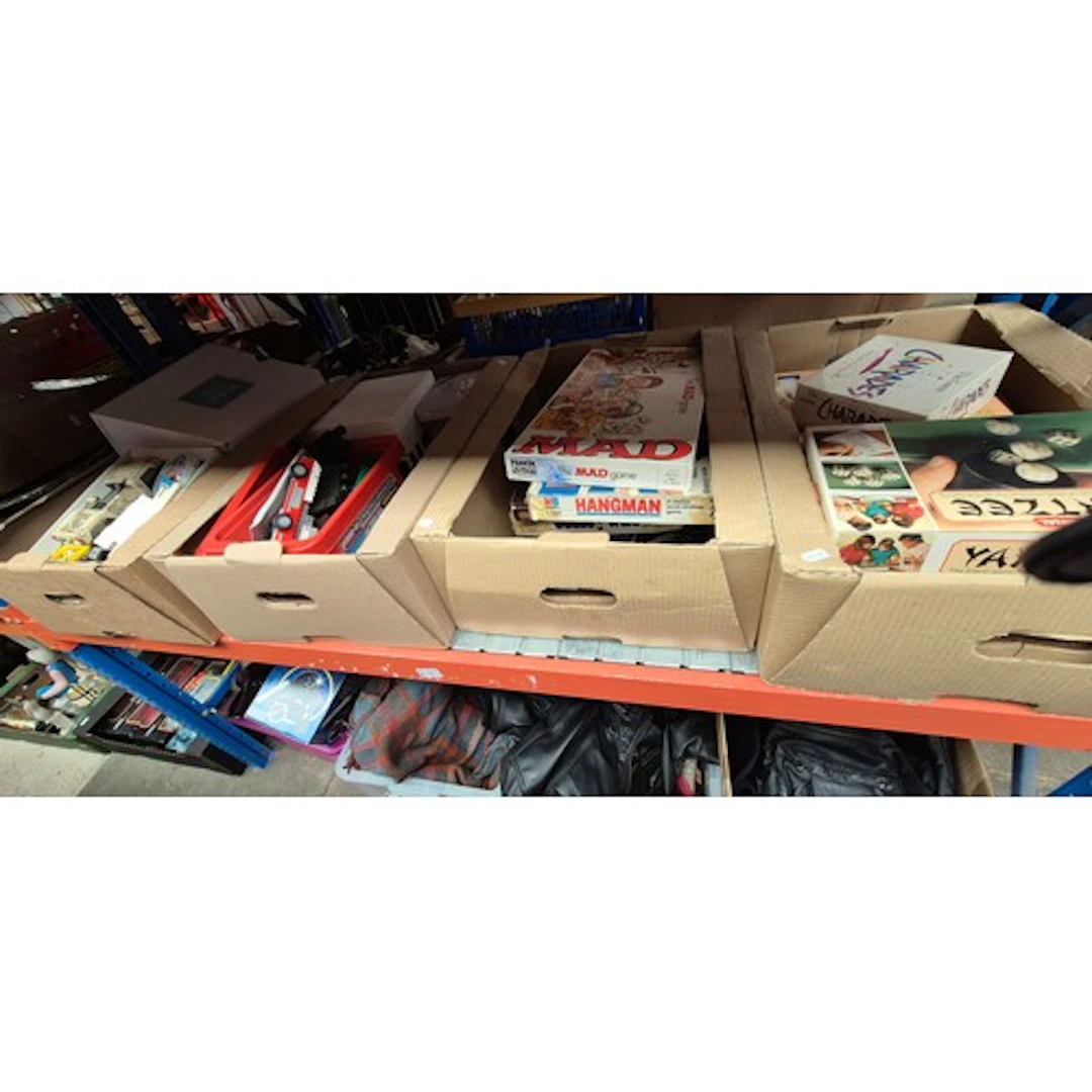 A box of assorted vintage board games together with a box of...