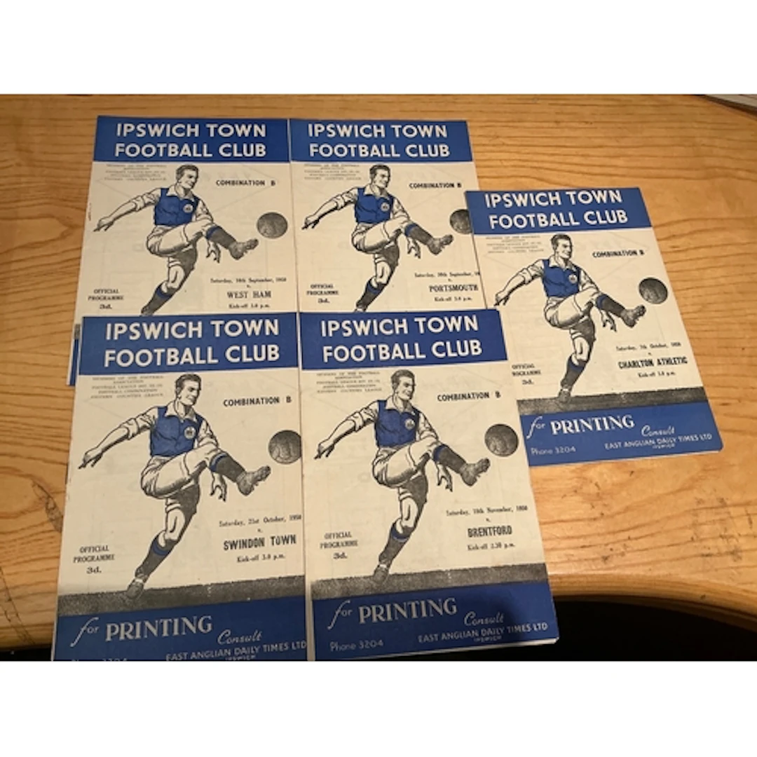 50/51 Ipswich Town Home Reserve Football Programmes: 5 x Foo...