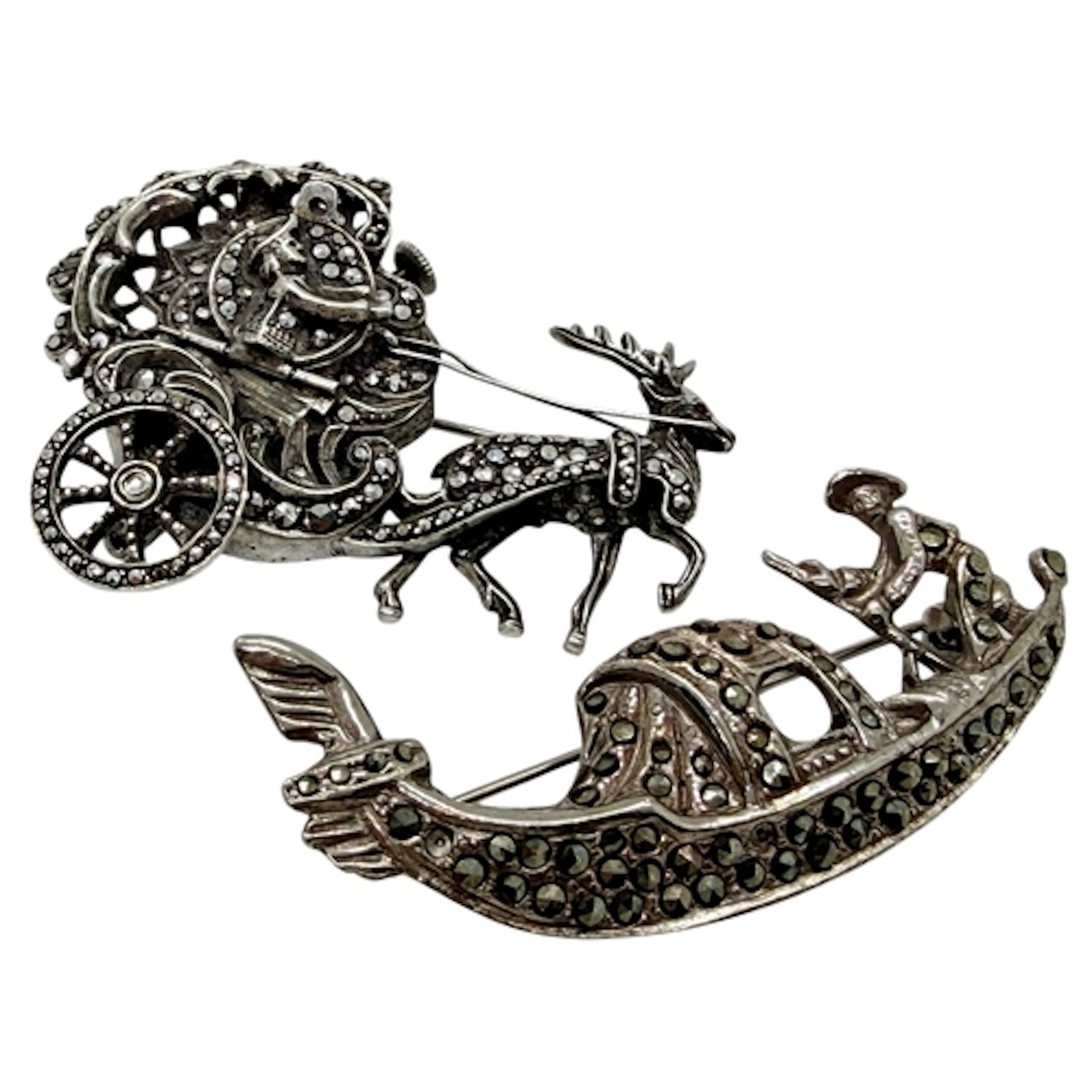 A vintage sterling silver marcasite watch brooch, composed o...