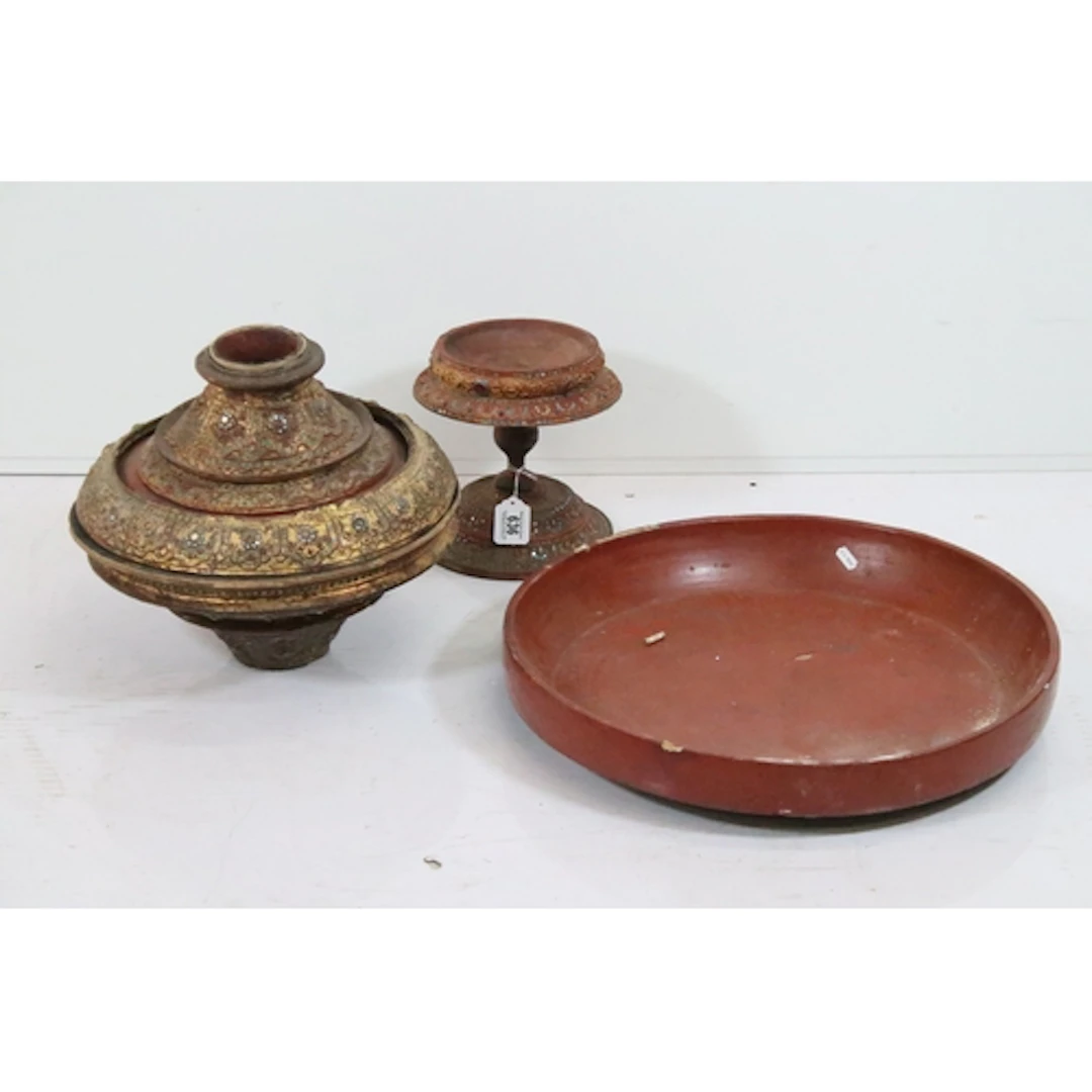 20th century Burmese red lacquer temple offering vessel, dec...