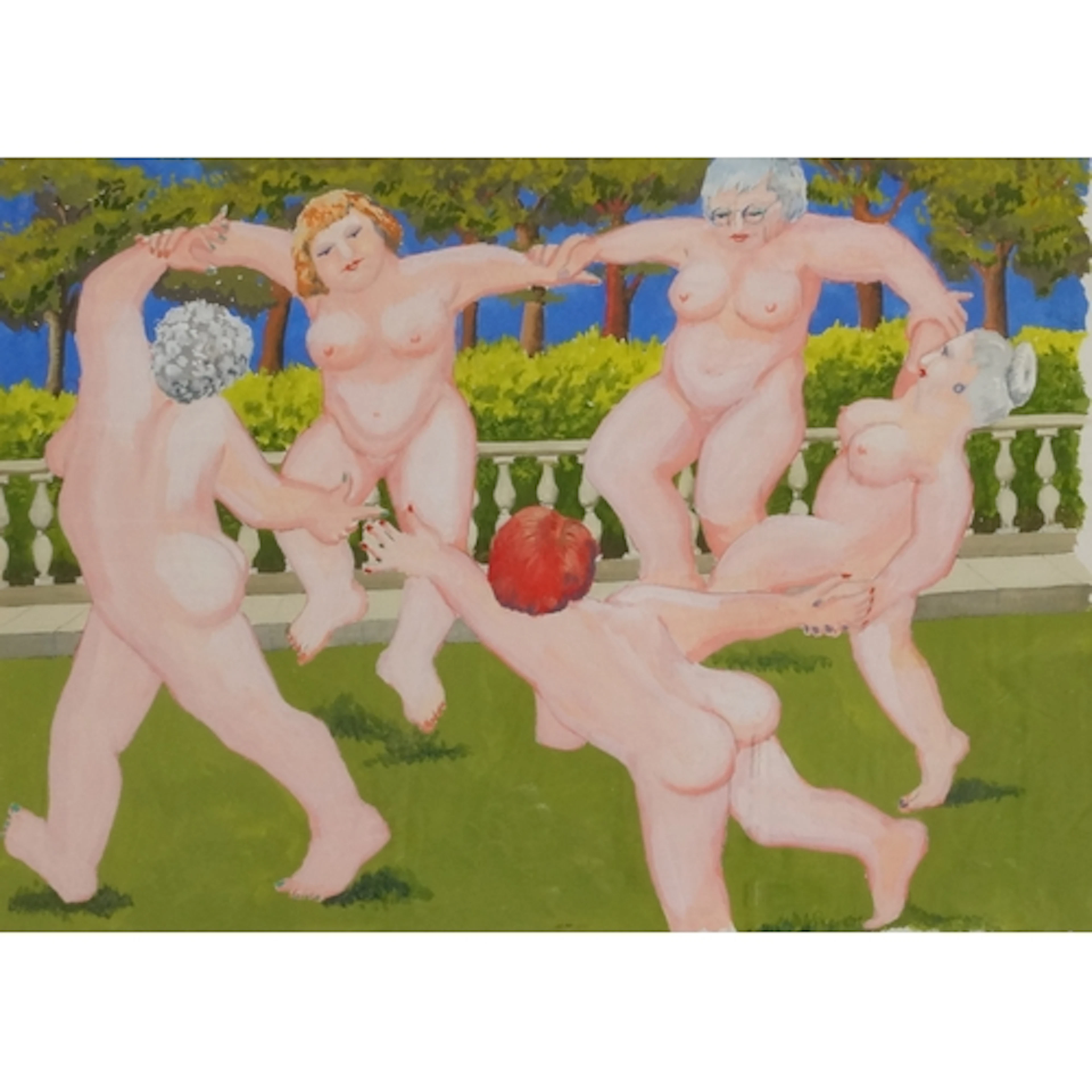 Manner of Beryl Cook - Dancing nude females in a garden, gou...