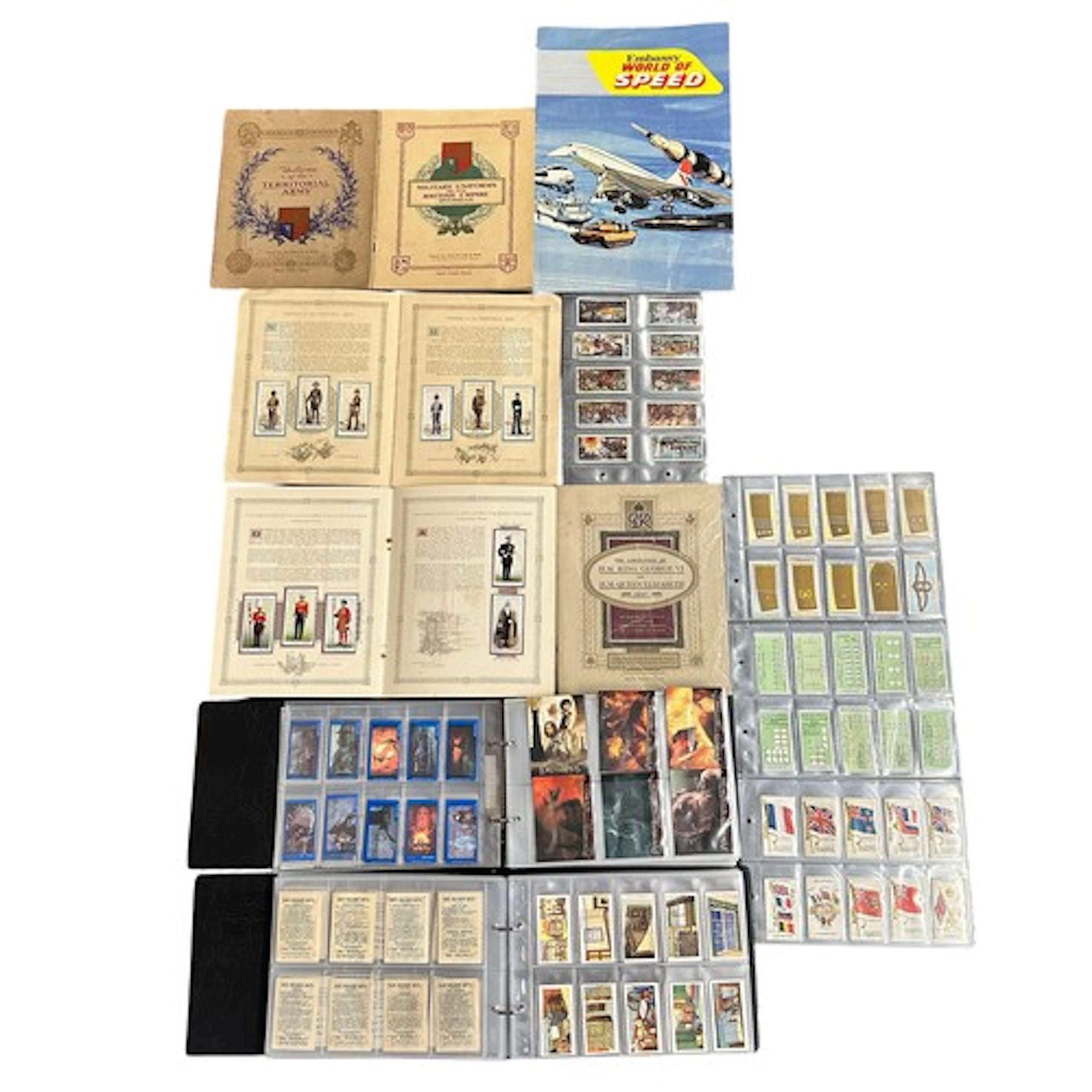 Collection of military cigarette and trade cards with sleeve...