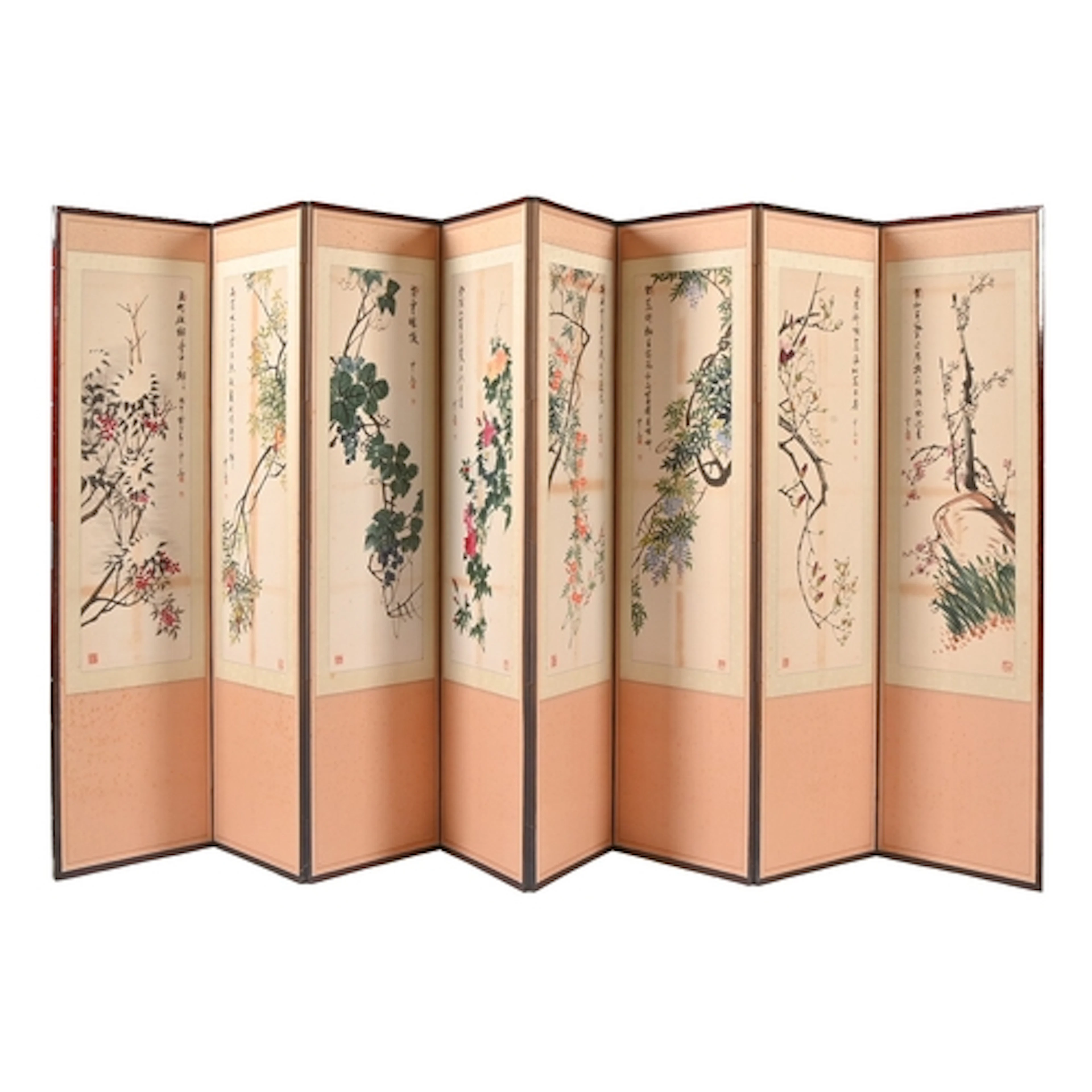 A Chinese eight-fold screen, 20th c, each leaf painted in st...