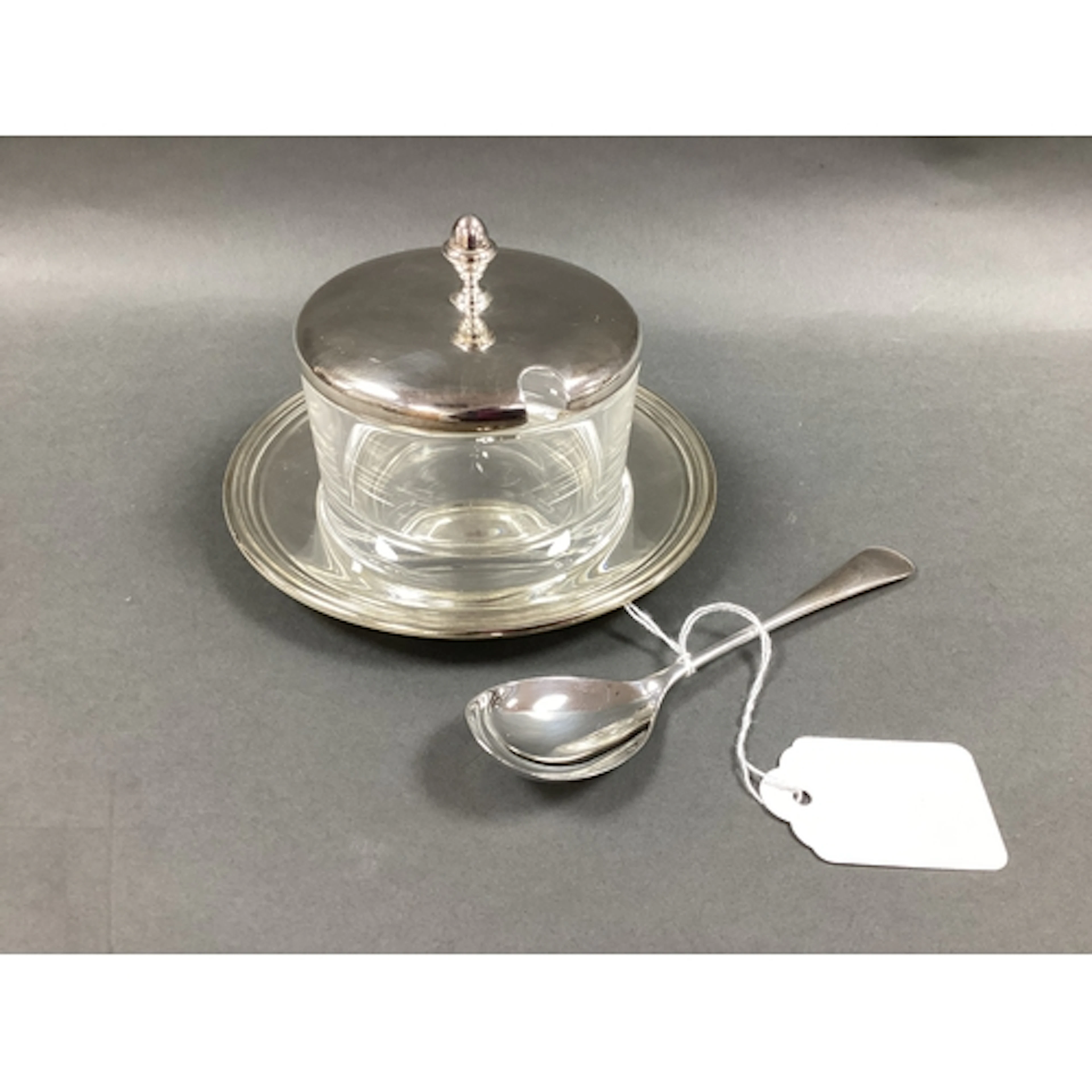 A Hallmarked Silver and Glass Lidded Condiment Pot, seated o...