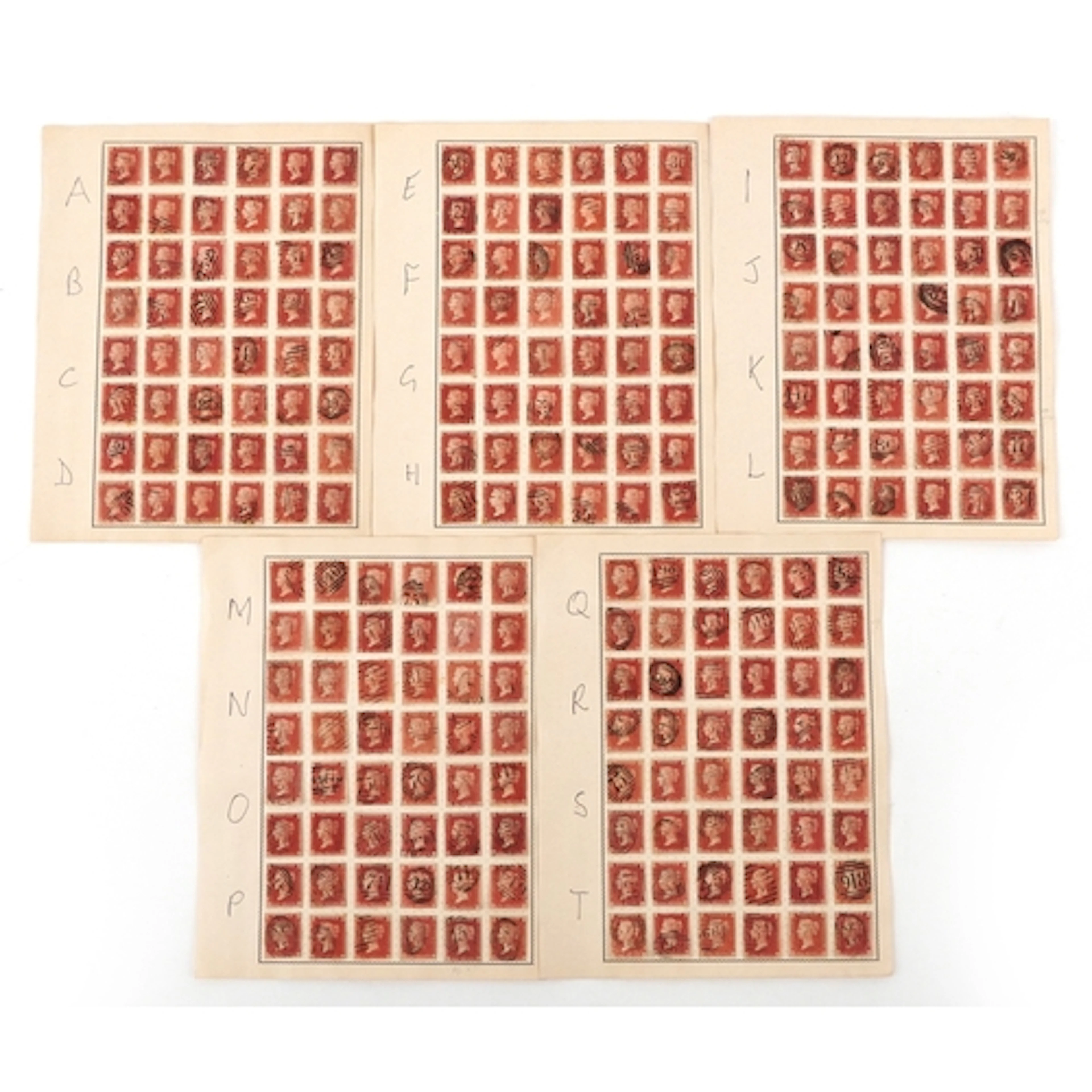 Five pages of Queen Victoria 1856/58 Penny Red stamps, stars...