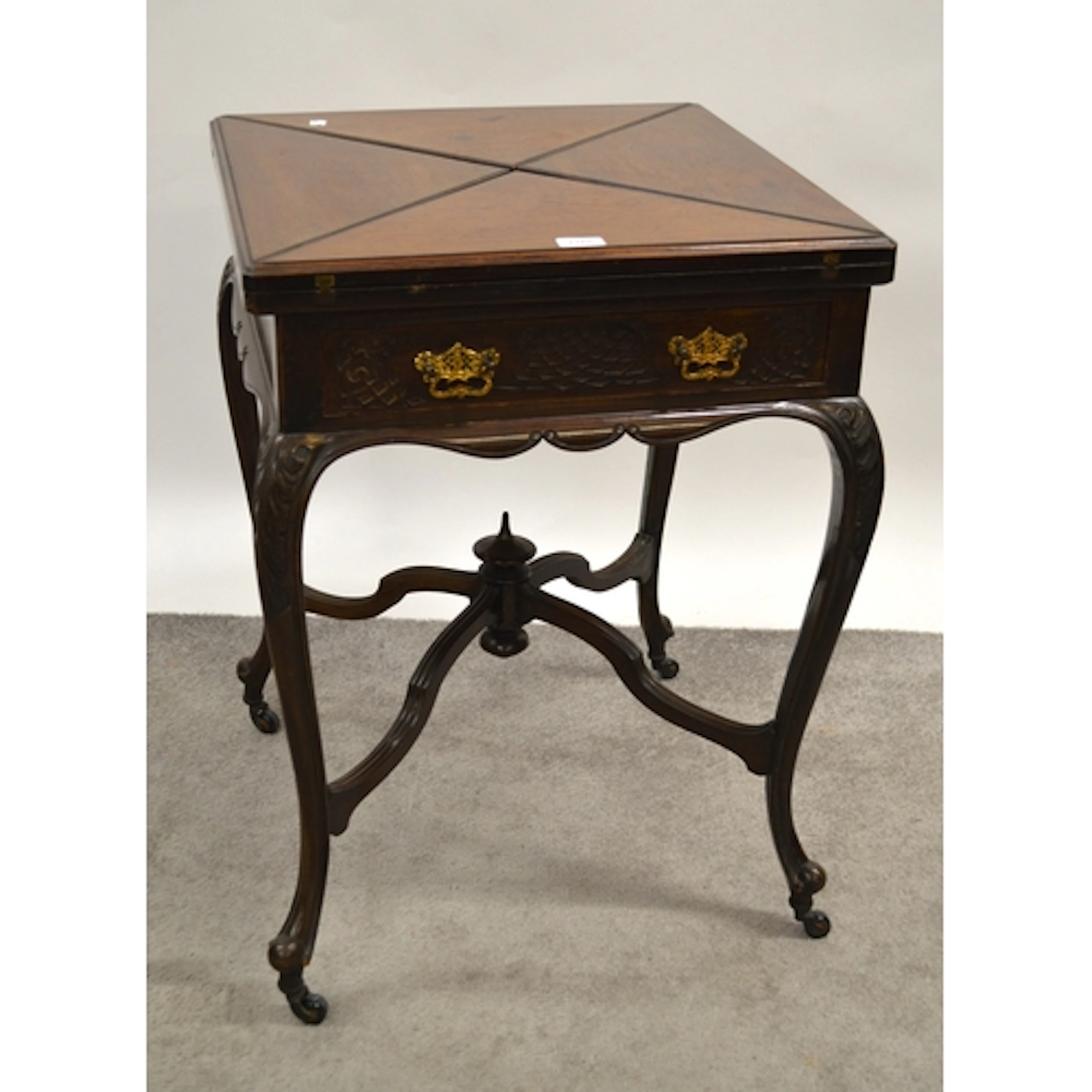 Edwardian mahogany envelope card table, with single drawer a...