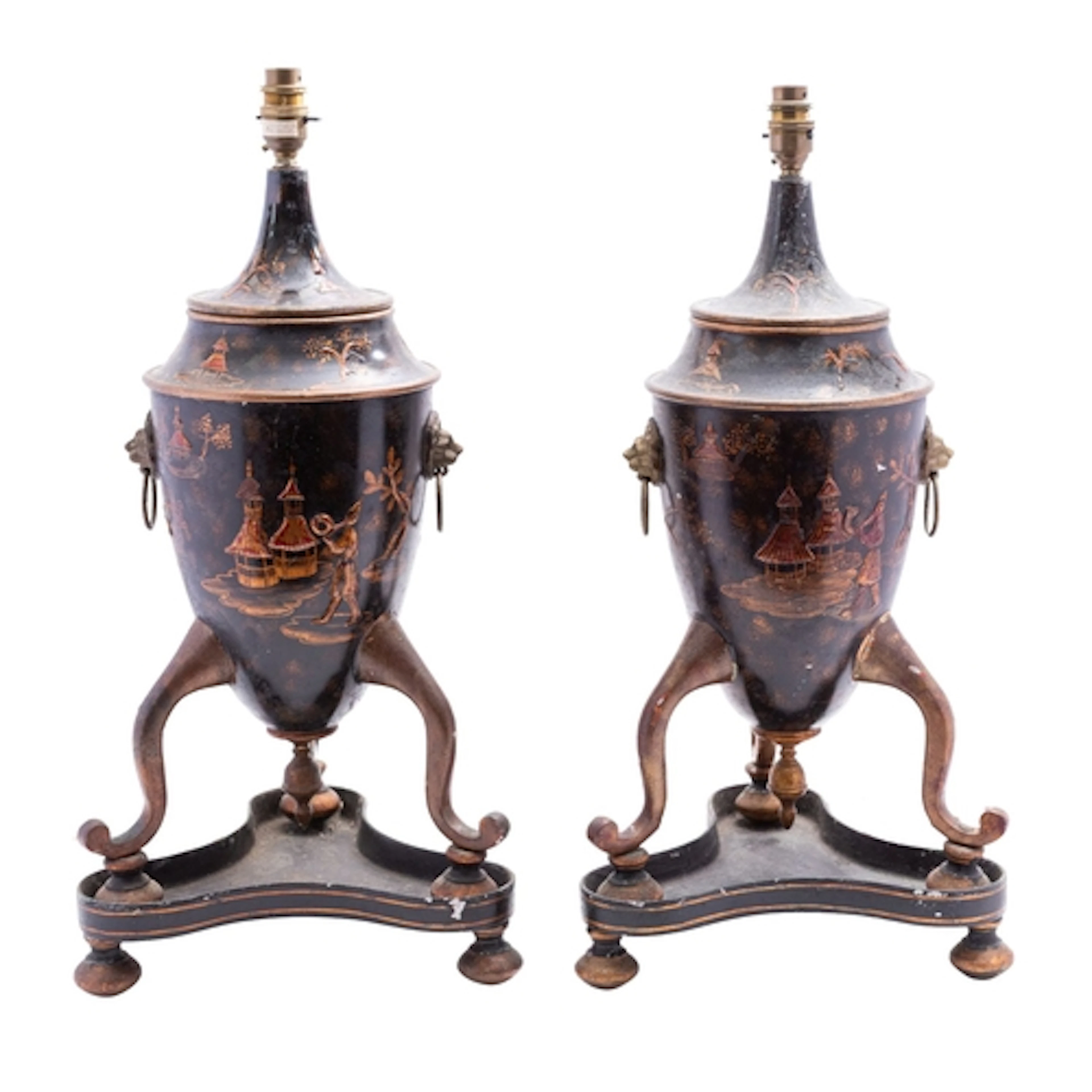 A pair of Regency toleware urns refitted as a table lamps, e...