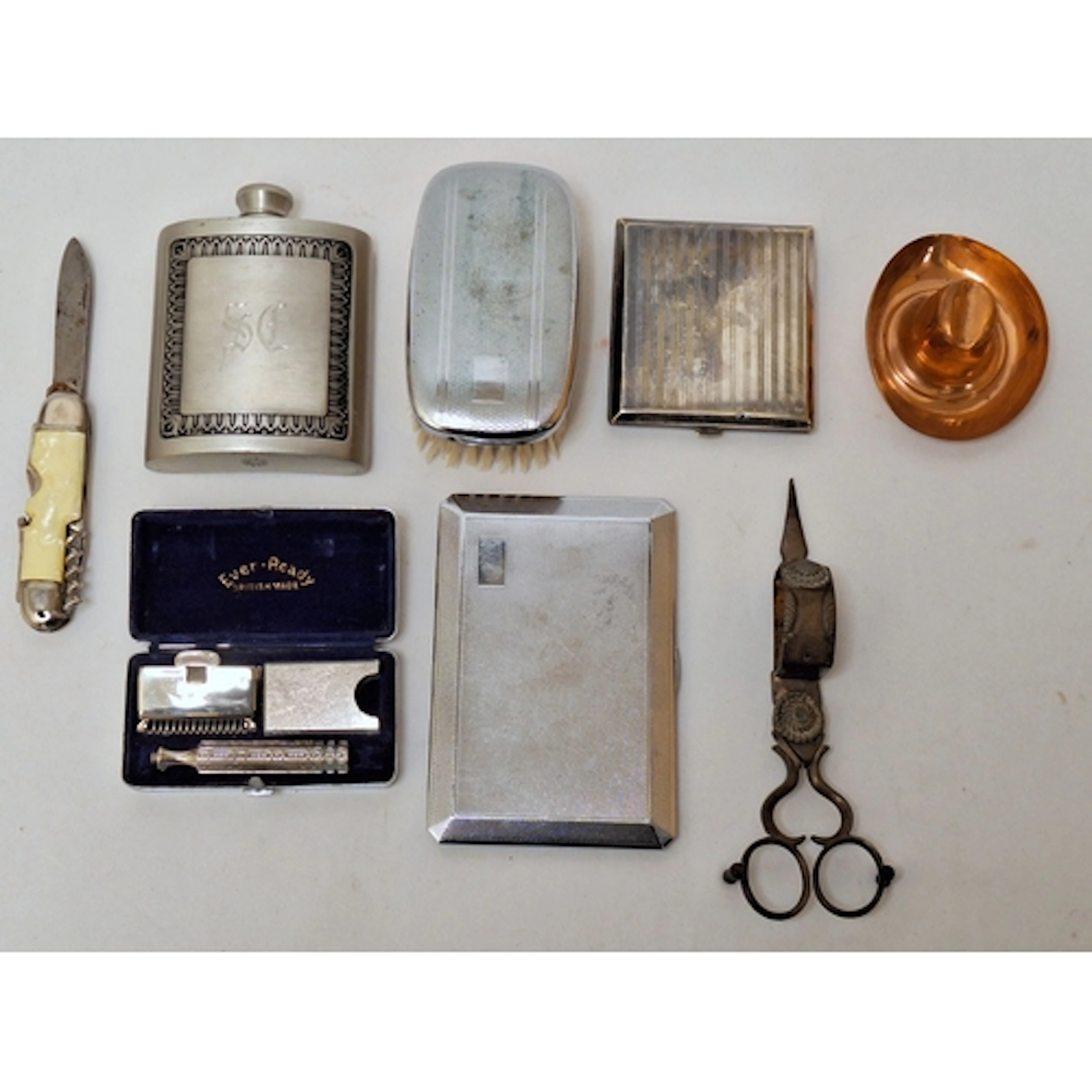 Selwin Pewter Hip Flask, cased Eveready razor set, 2 vintage...