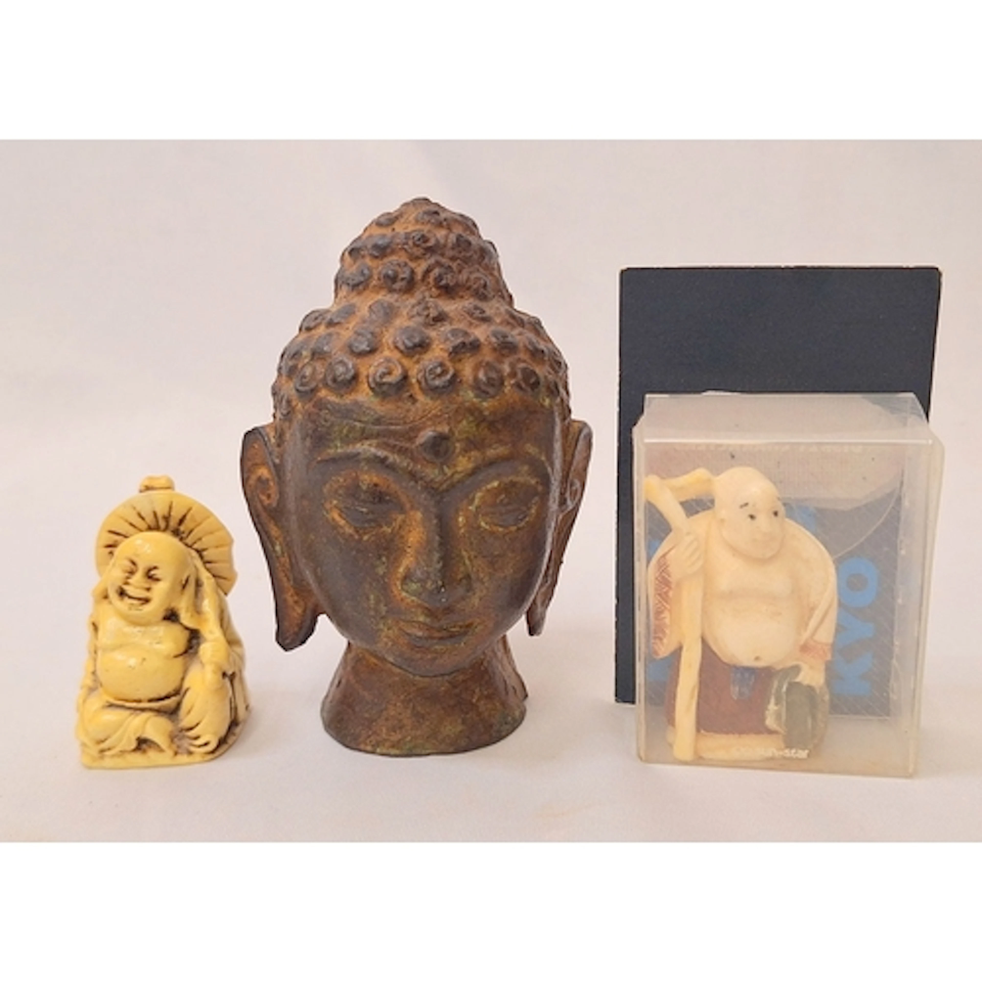 Cast Metal Buddha Head, one small buddha figurine, one Japan...