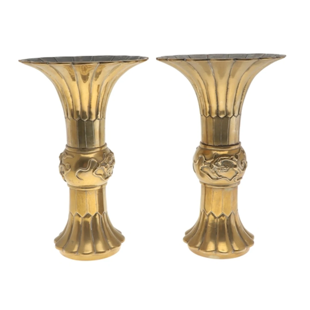 PAIR OF CHINESE BRONZE GU SHAPED VASES. 19thc, a pair of lar...
