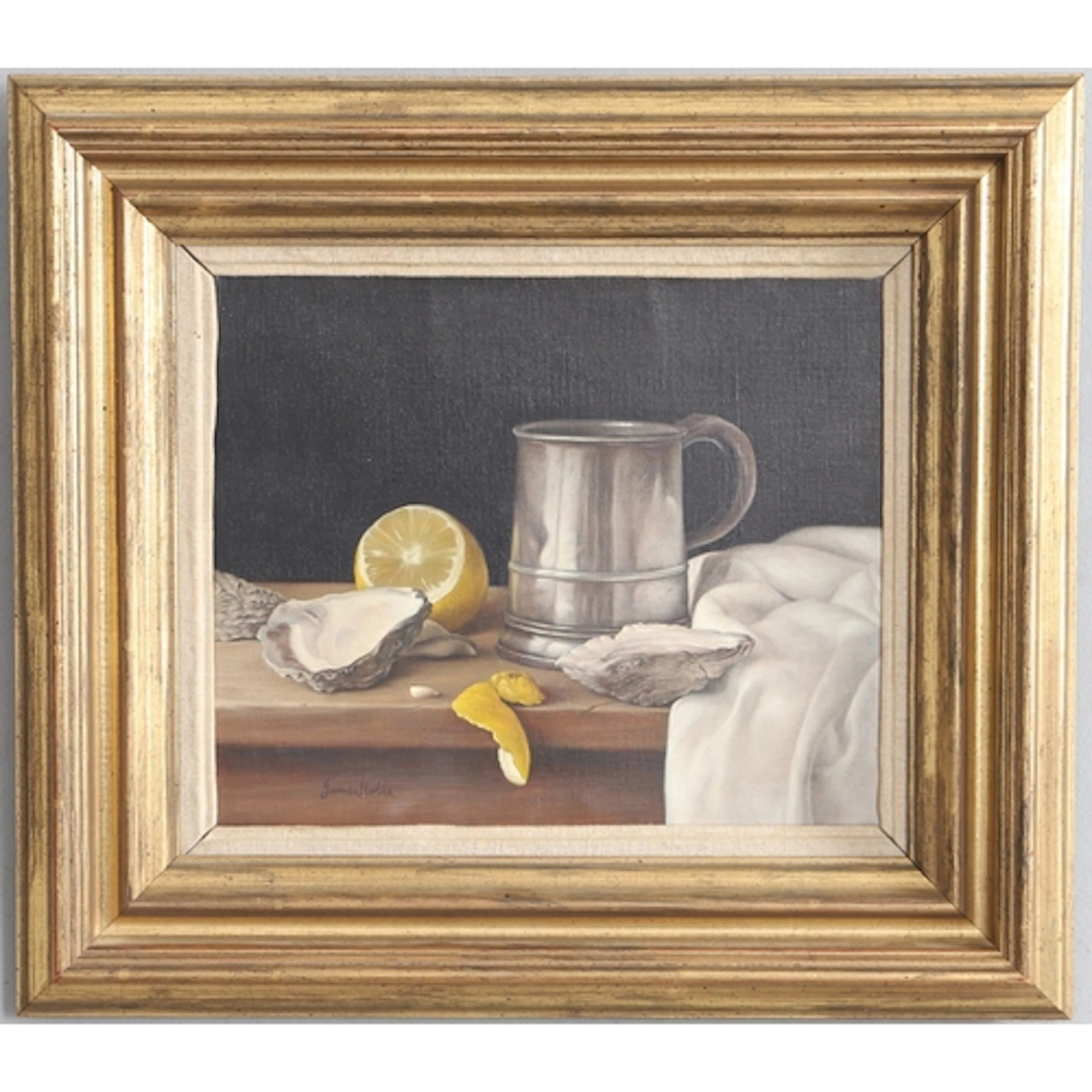 JAMES NOBLE (1919-1989). STILL LIFE OF OYSTERS, A PEWTER TAN...