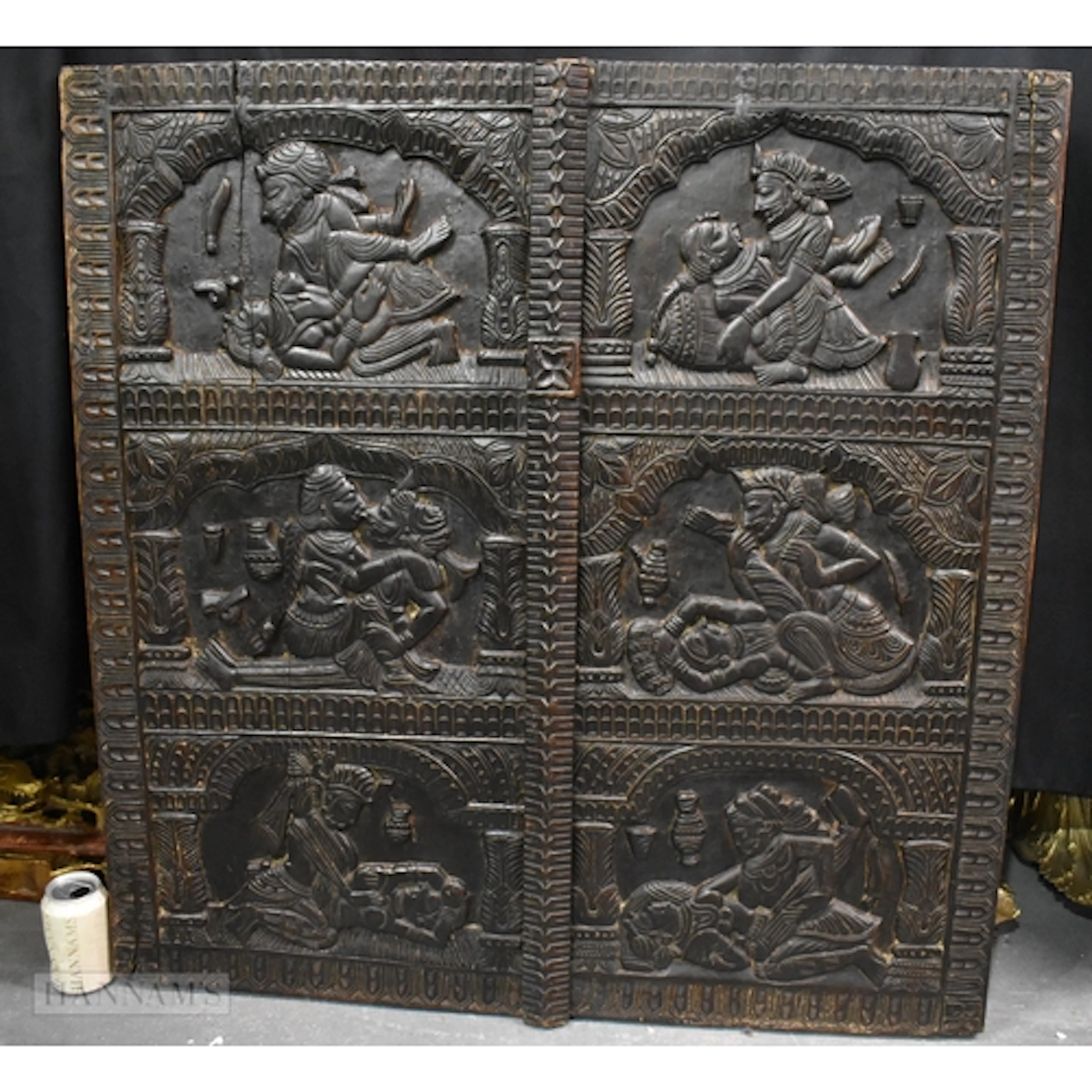 A RARE LARGE ANTIQUE INDIAN EROTIC HINDU CARVED WOOD PANEL. ...