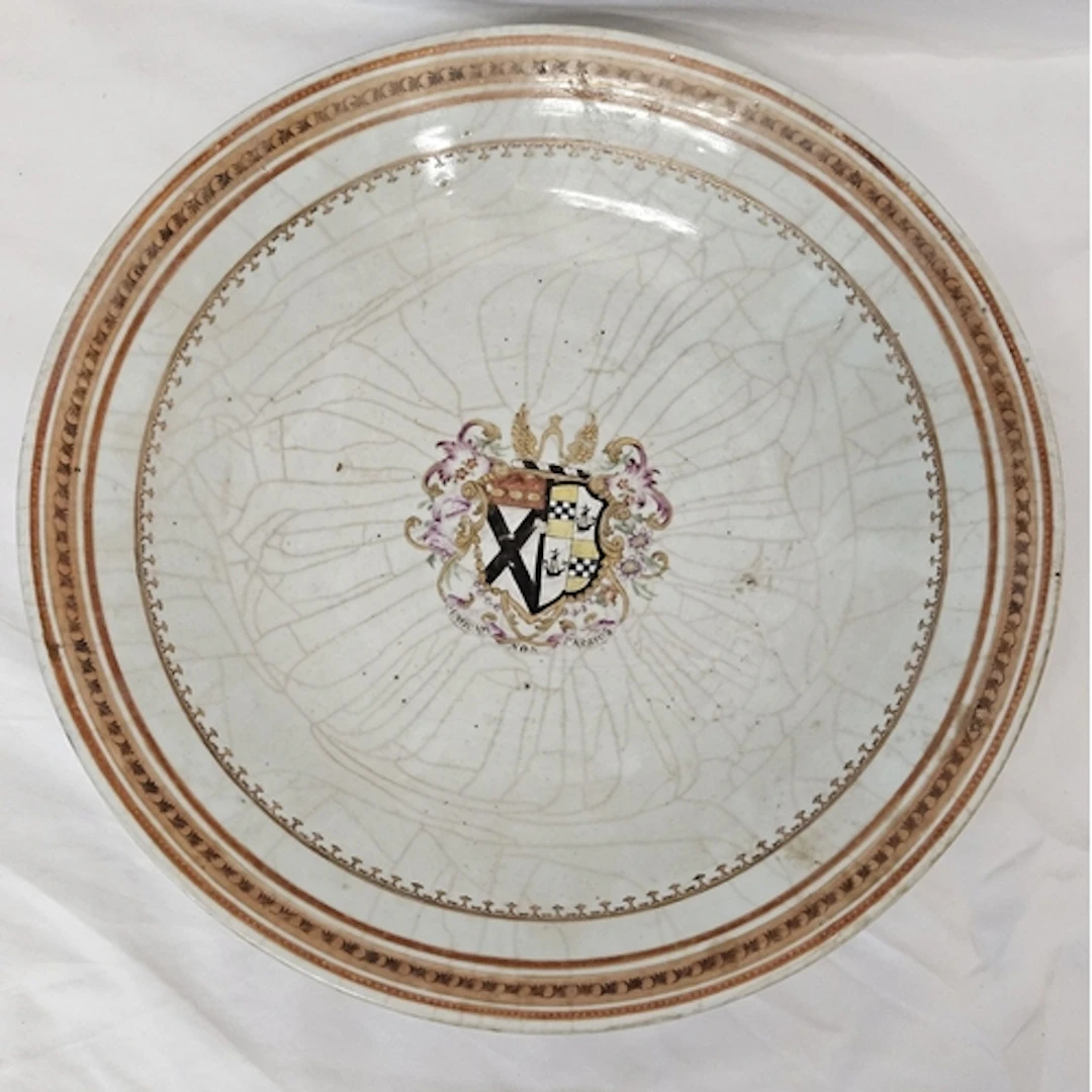 Chinese Export Armorial Porcelain Charger with crackle glaze...