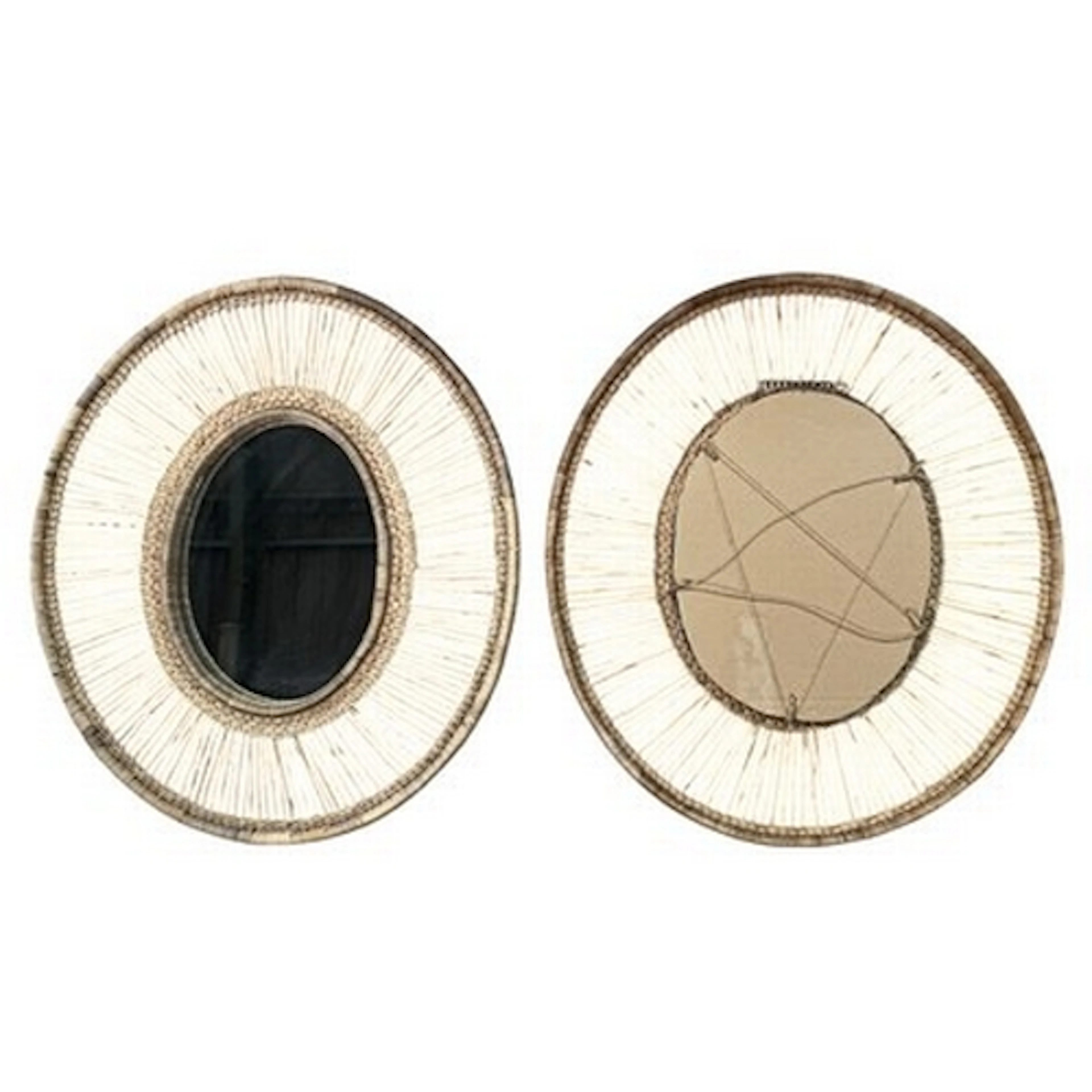 A pair of modern interior designers' rattan oval wall mirror...