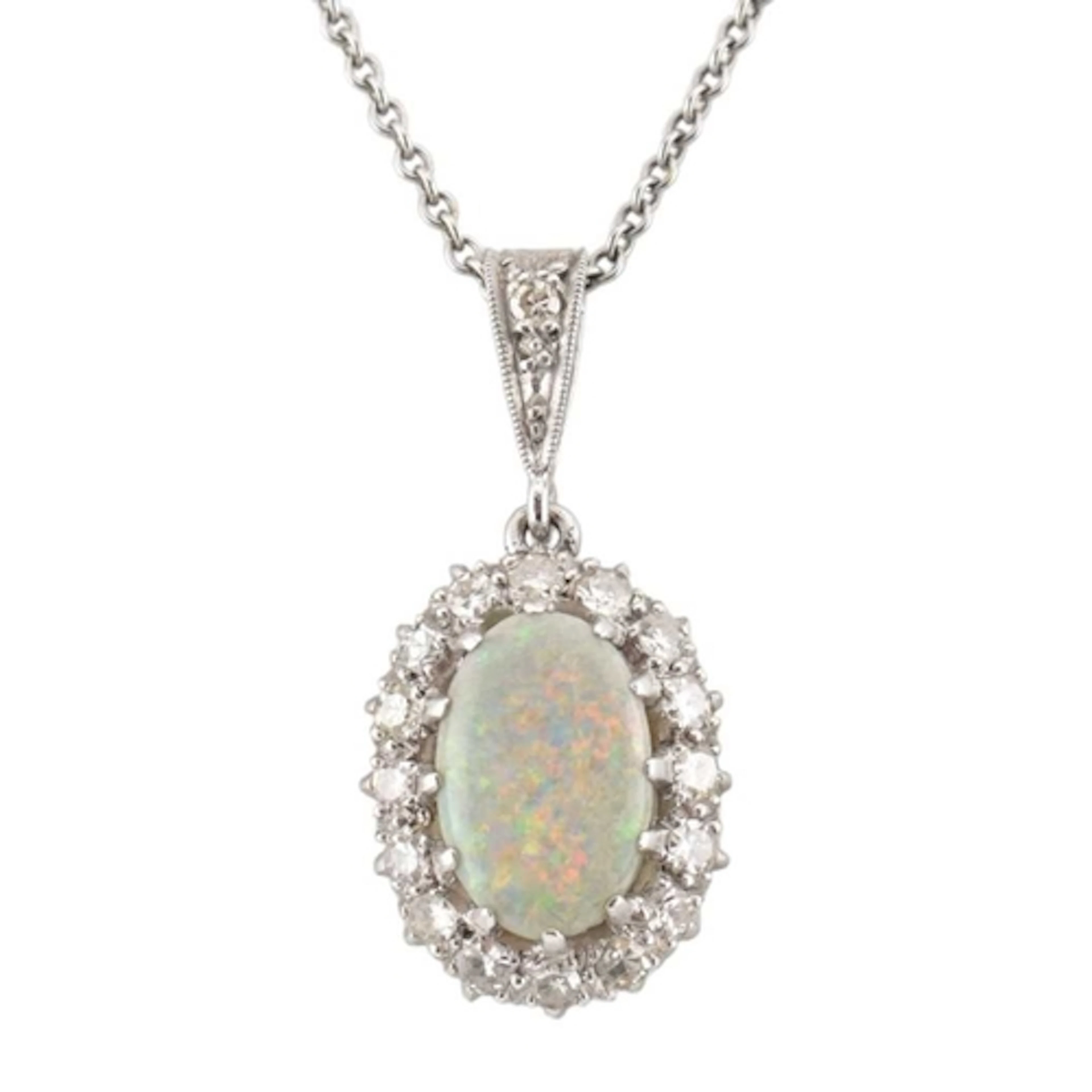 A white metal, opal and diamond cluster necklace. A white me...