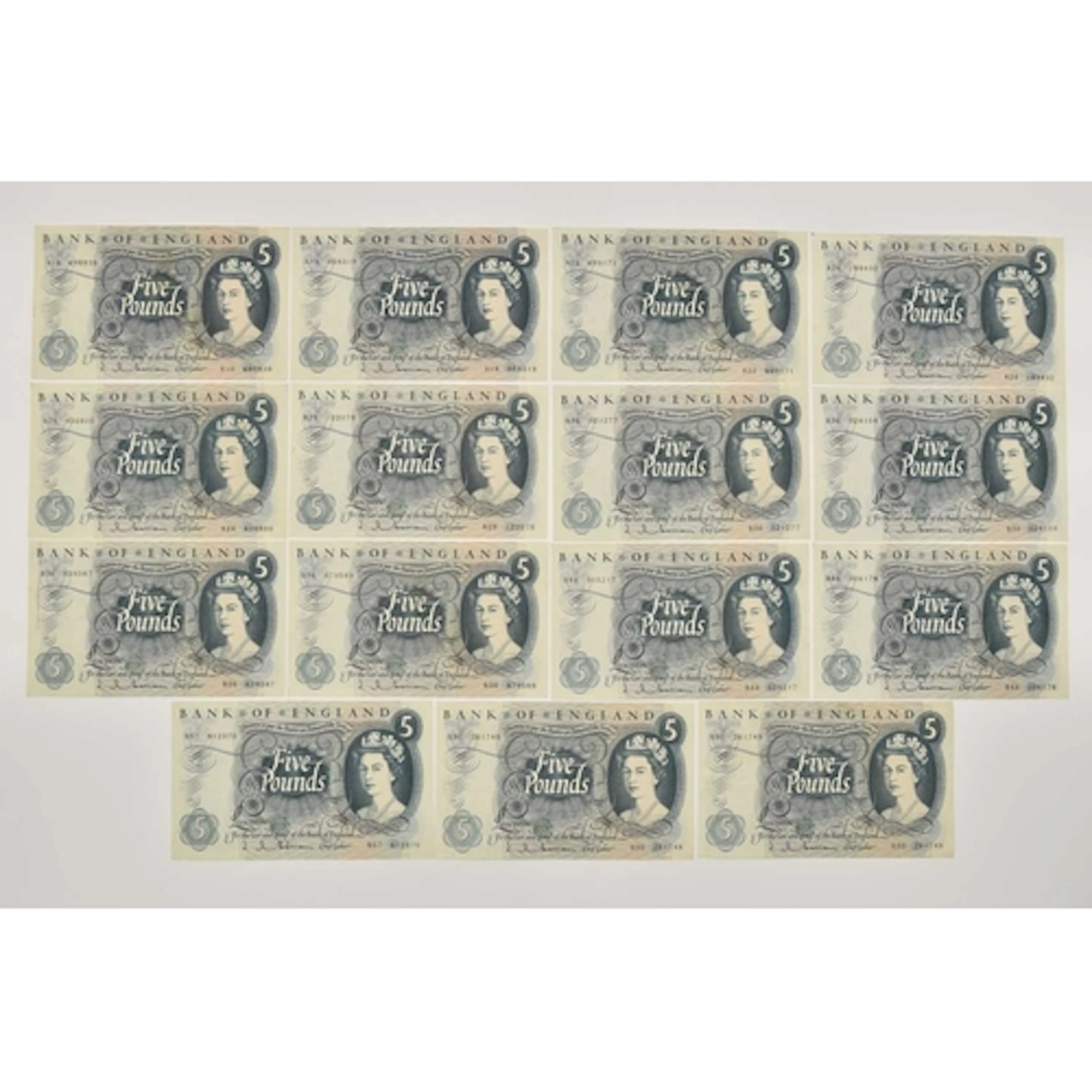 Banknotes. 15 x Five Pound Notes, Hollom 1963 Prefix A and B...