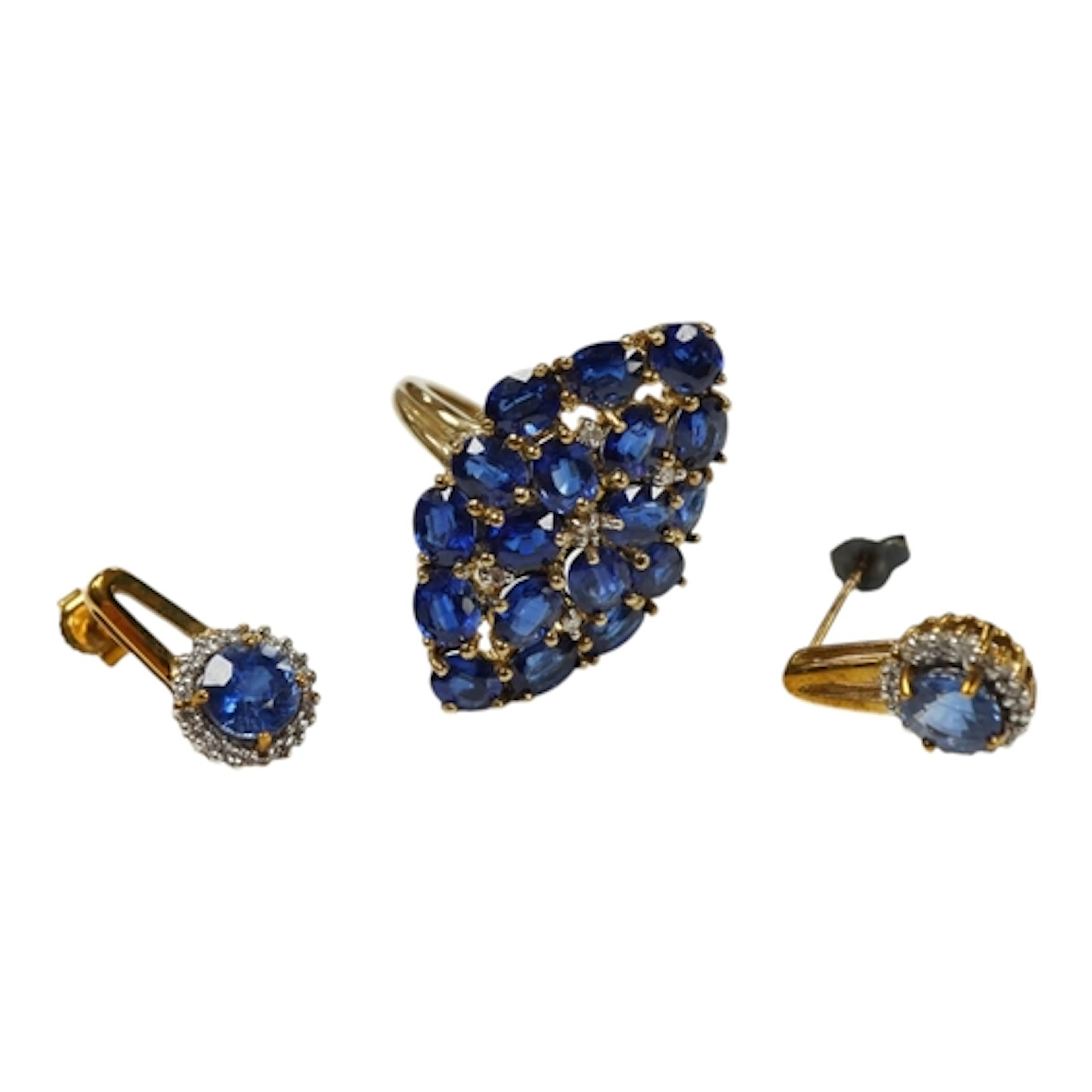 A recent 9ct gold and kyanite set marquise shaped cluster ri...