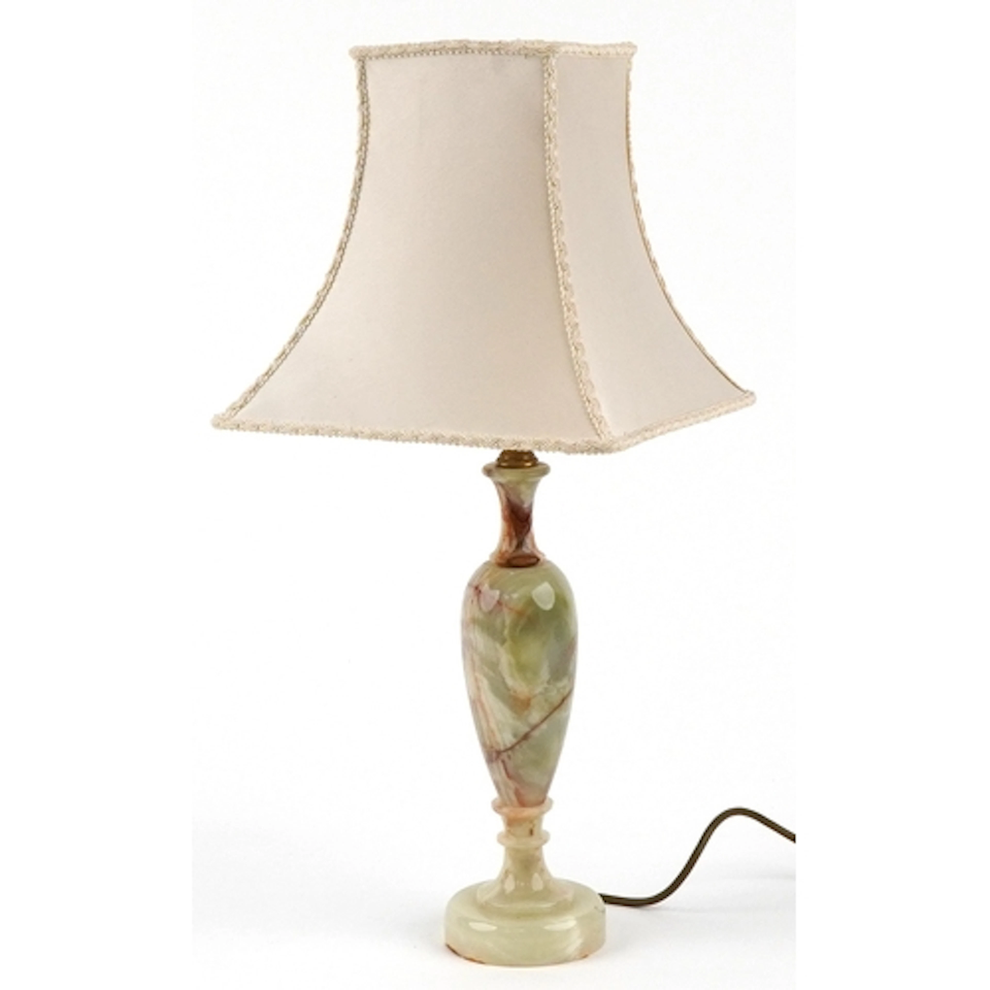 Onyx table lamp with cloth shade, 56cm high.