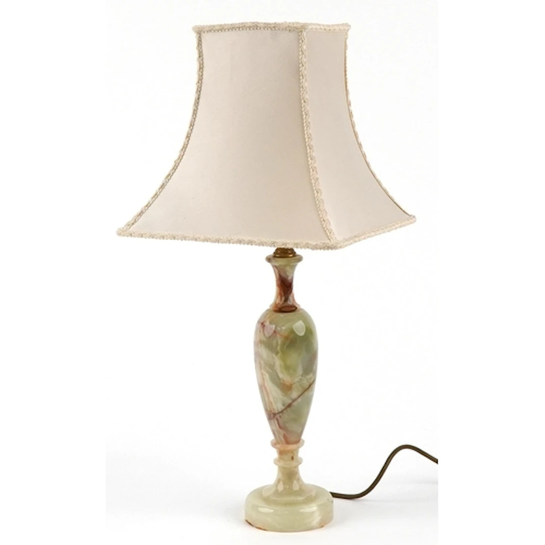 Onyx table lamp with cloth shade, 56cm high.