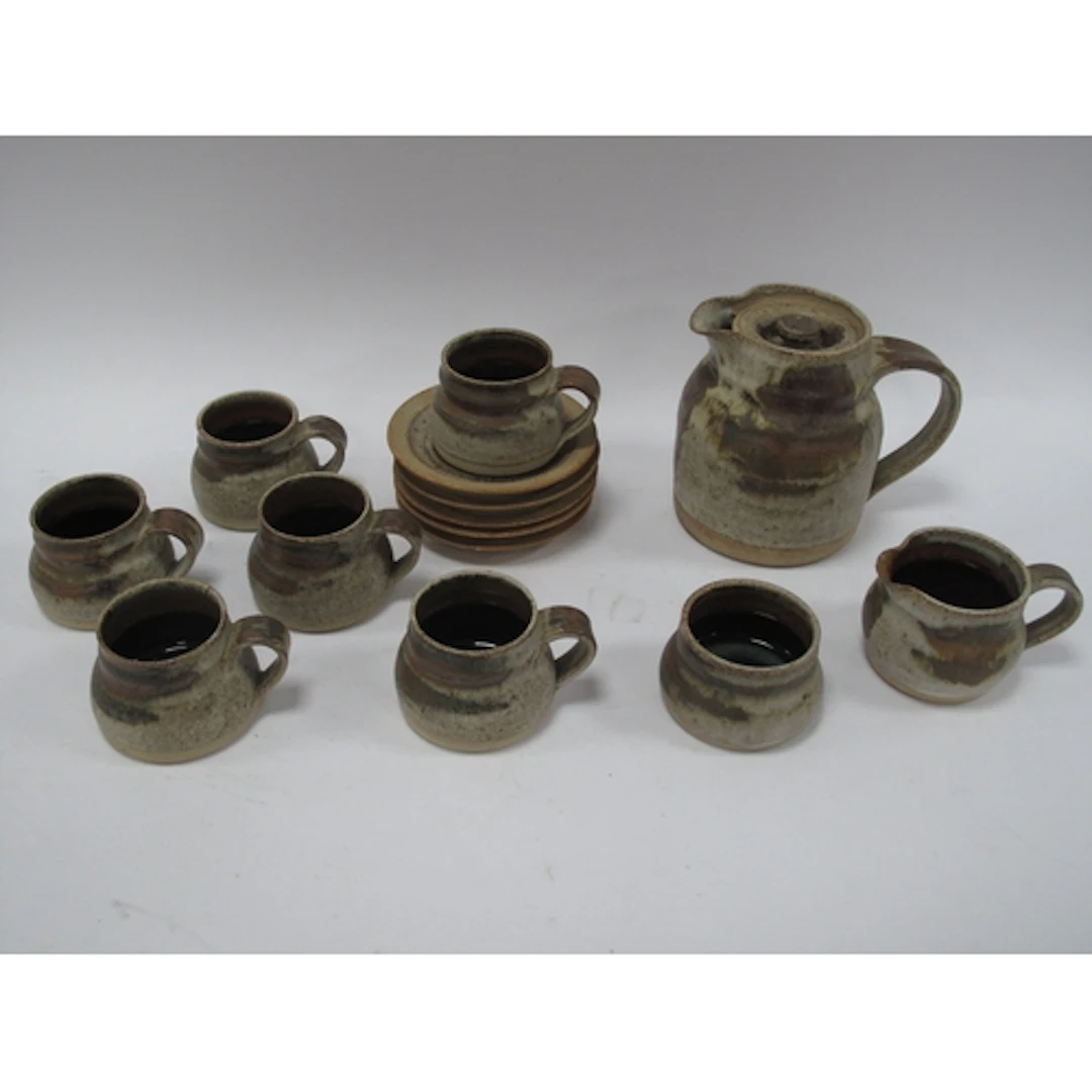 1960s Grindon Studio Pottery Coffee Set for Six, with mottle...