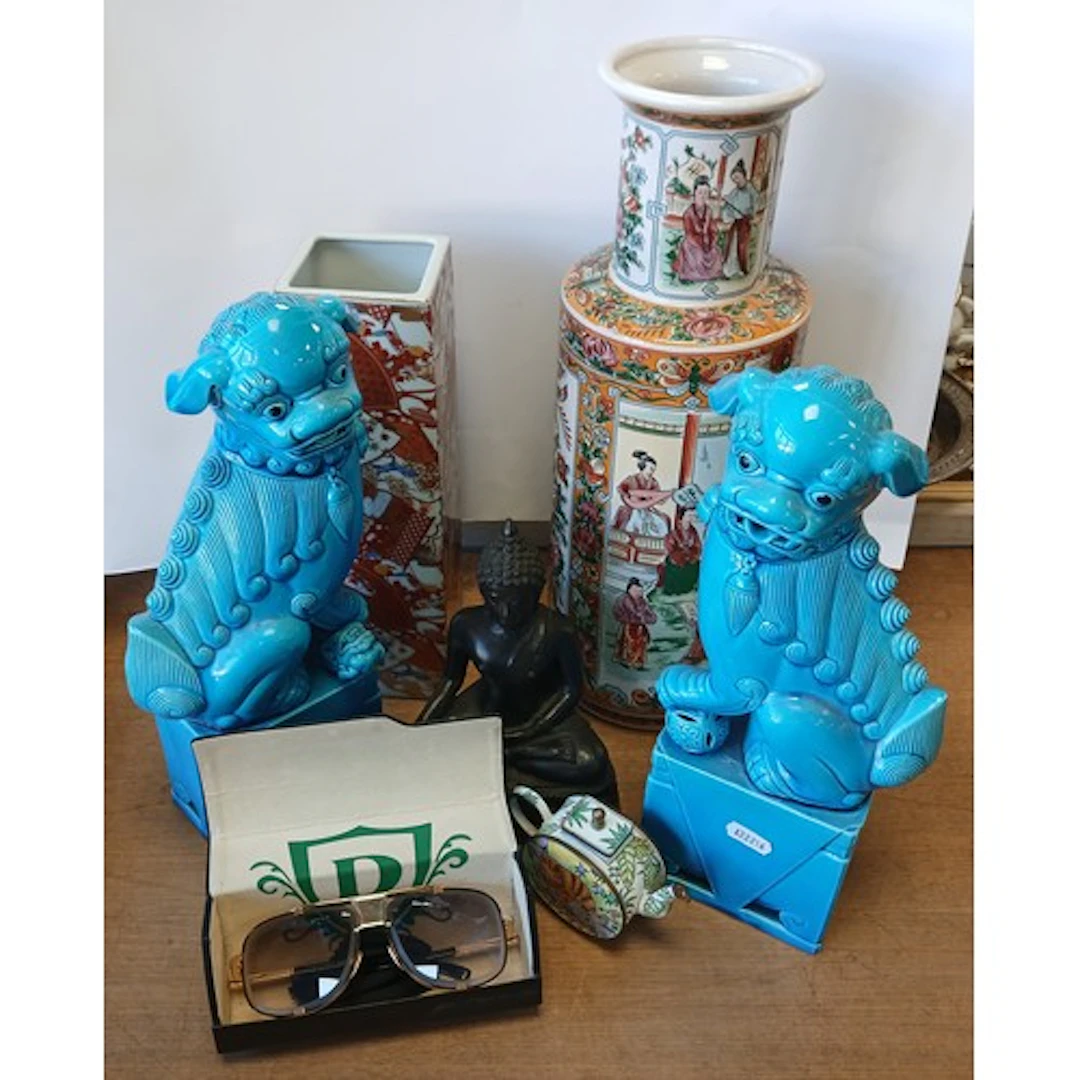 Pair of turquoise lion dogs, miniature enamel teapot, two or...