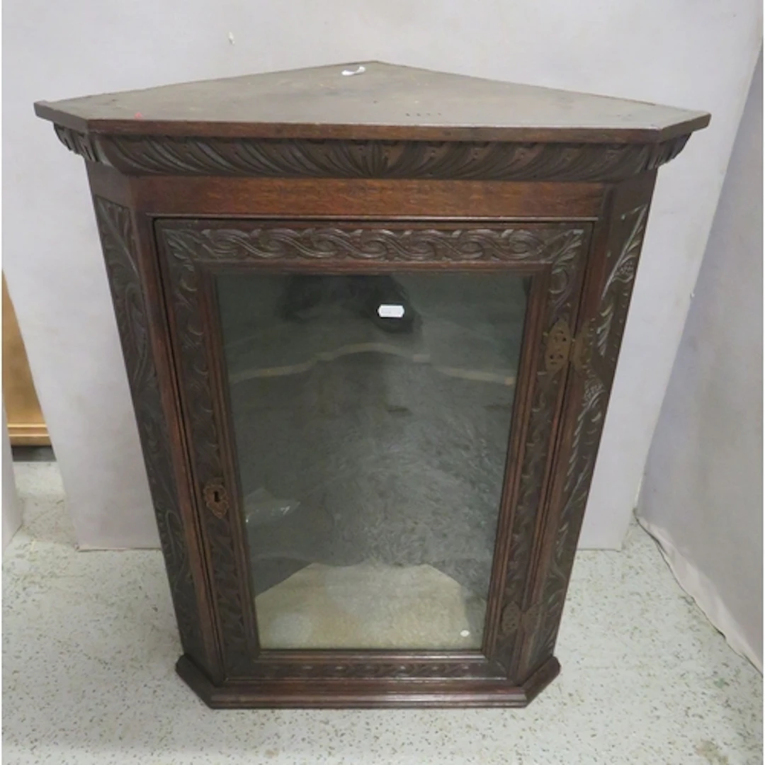 Antique Dark Oak Wall Hanging Corner Cabinet with fittings, ...