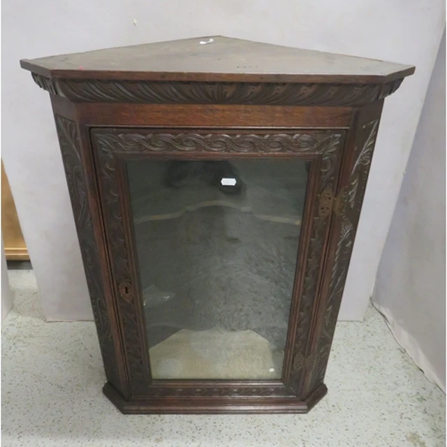 Antique Dark Oak Wall Hanging Corner Cabinet with fittings, ...
