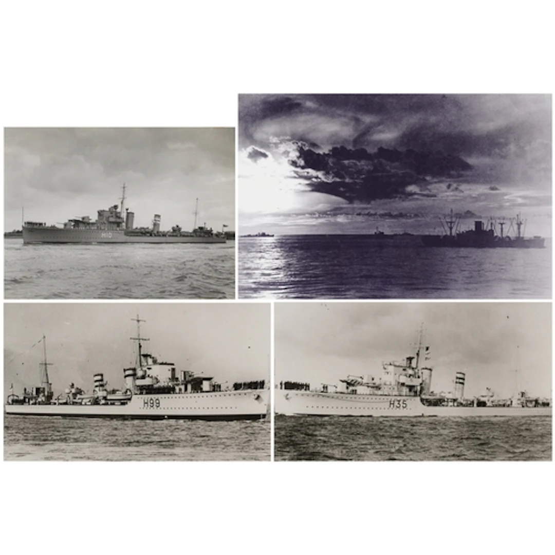 Four naval interest black and white photographs and prints i...