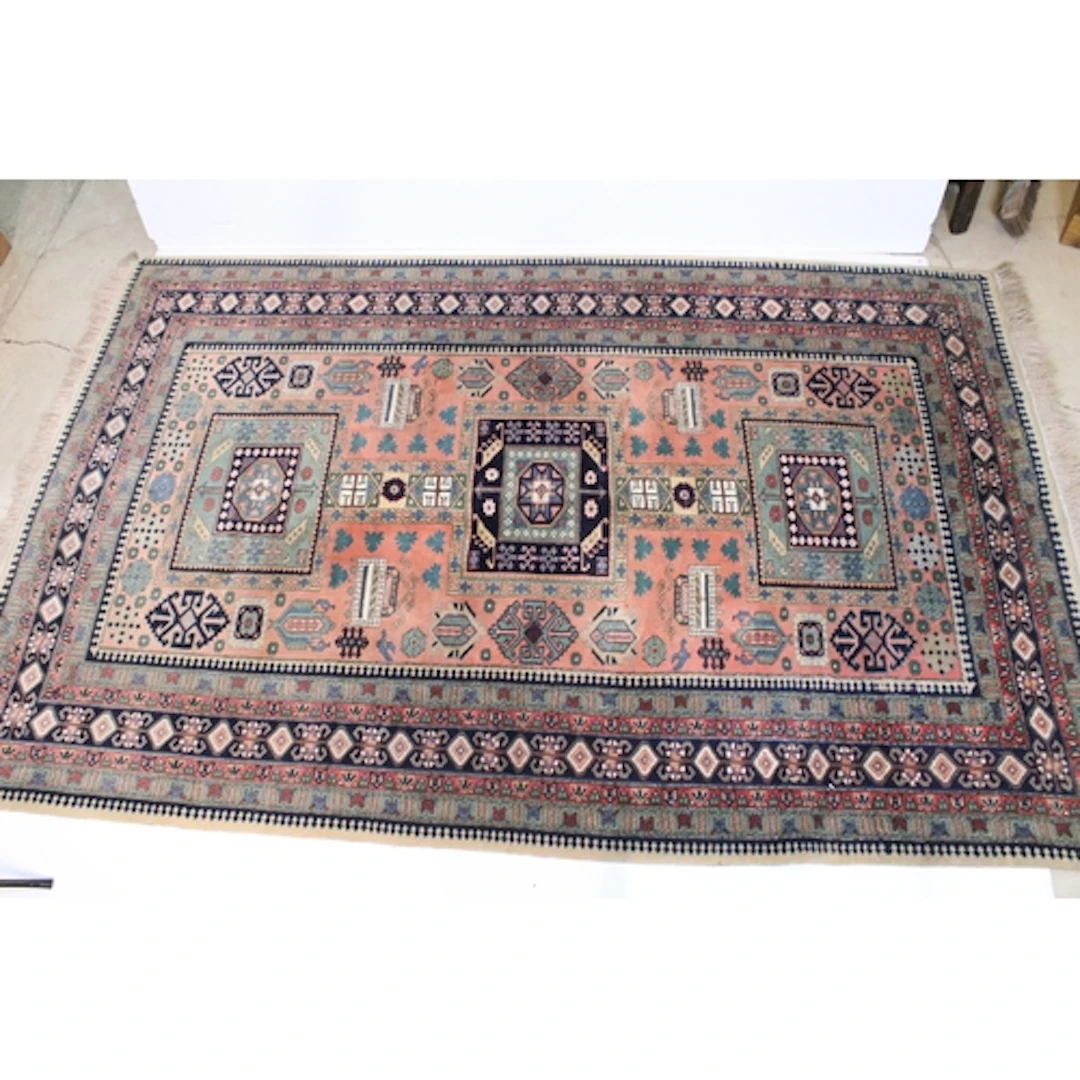 Turkish hand knotted pink ground rug, having three rectangul...