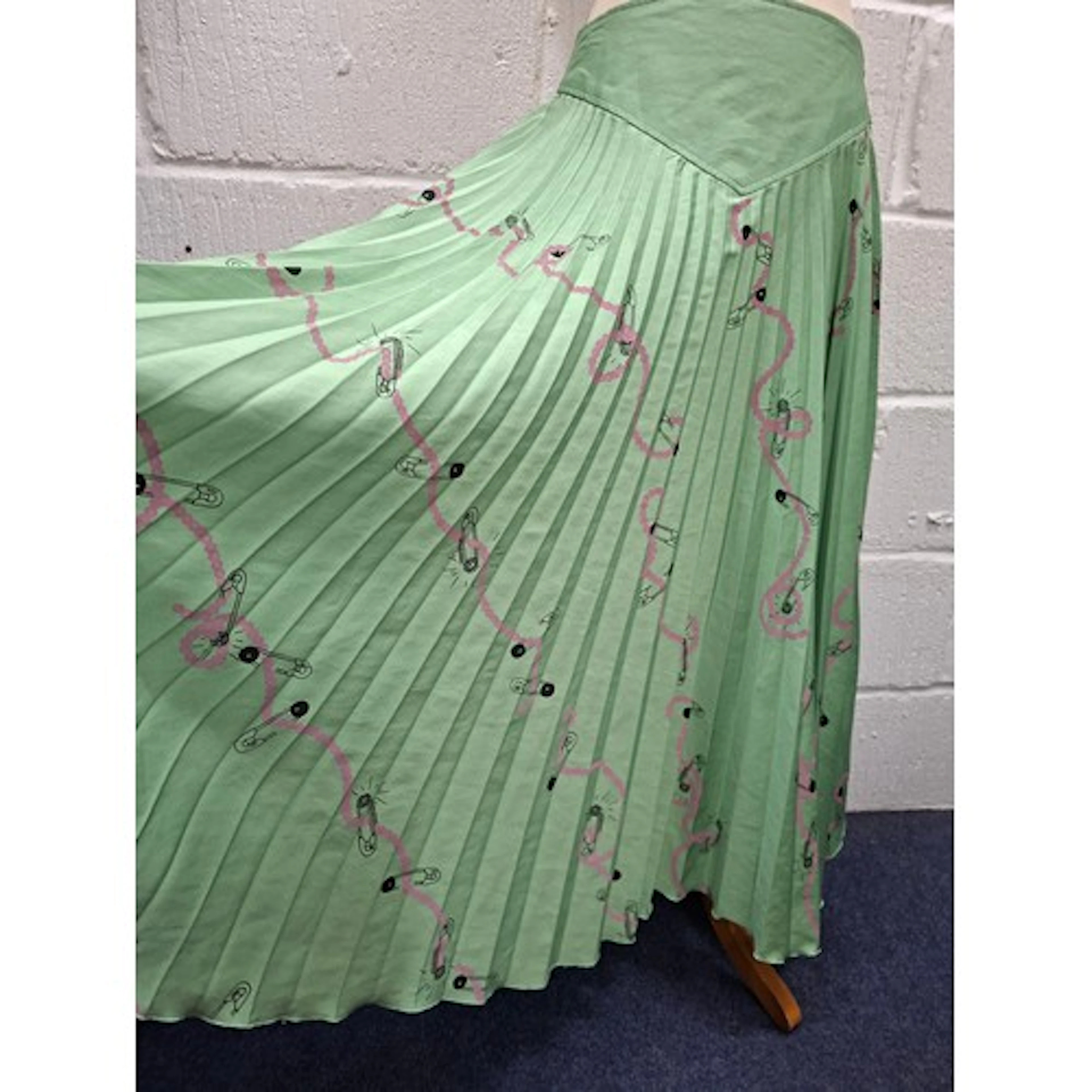 Zandra Rhodes- A 1970's green pleated full length skirt, UK1...