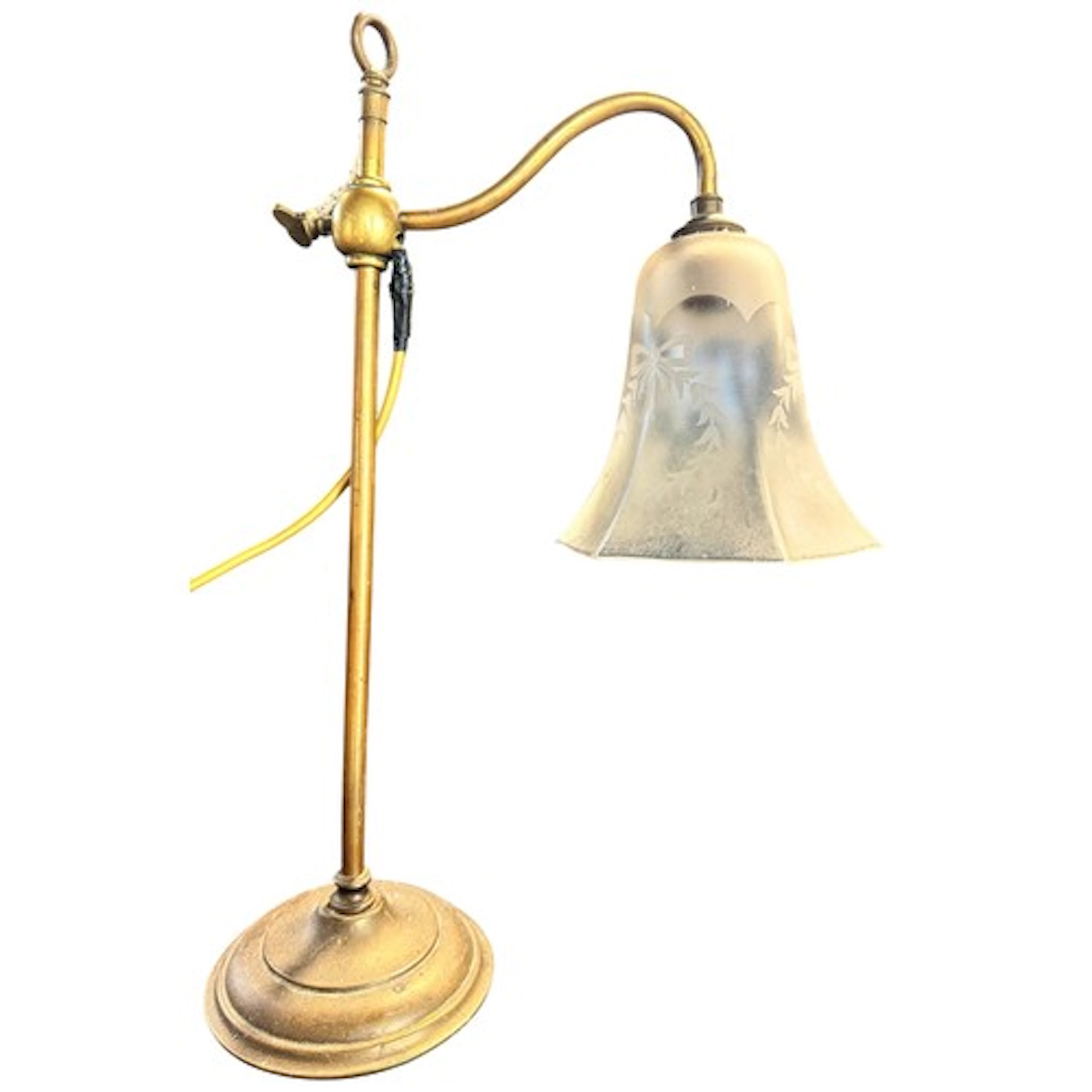 A mid 20th century brass table lamp with etched glass shade