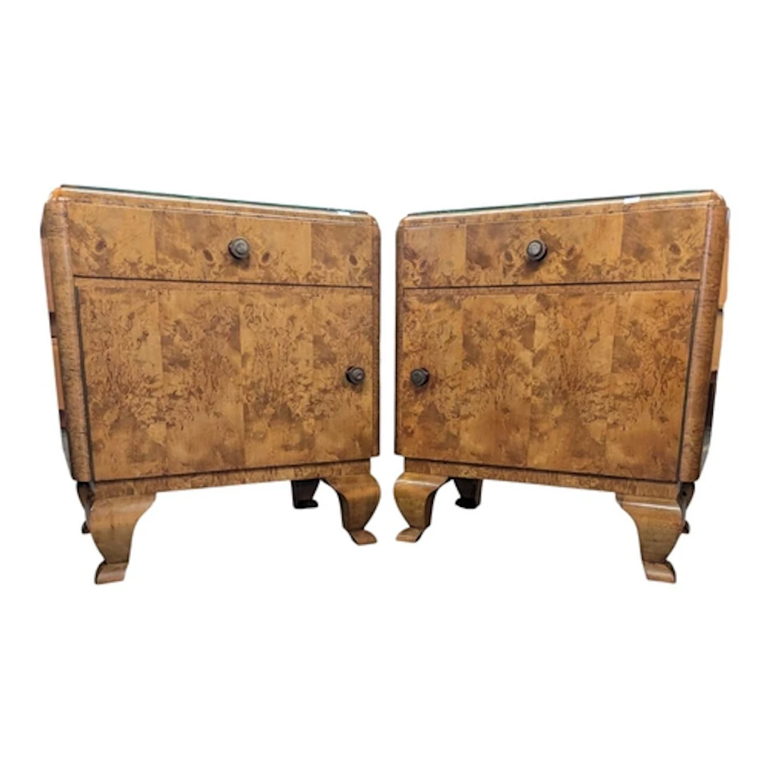 A pair of vintage 20th century Swiss burr walnut veneer beds...
