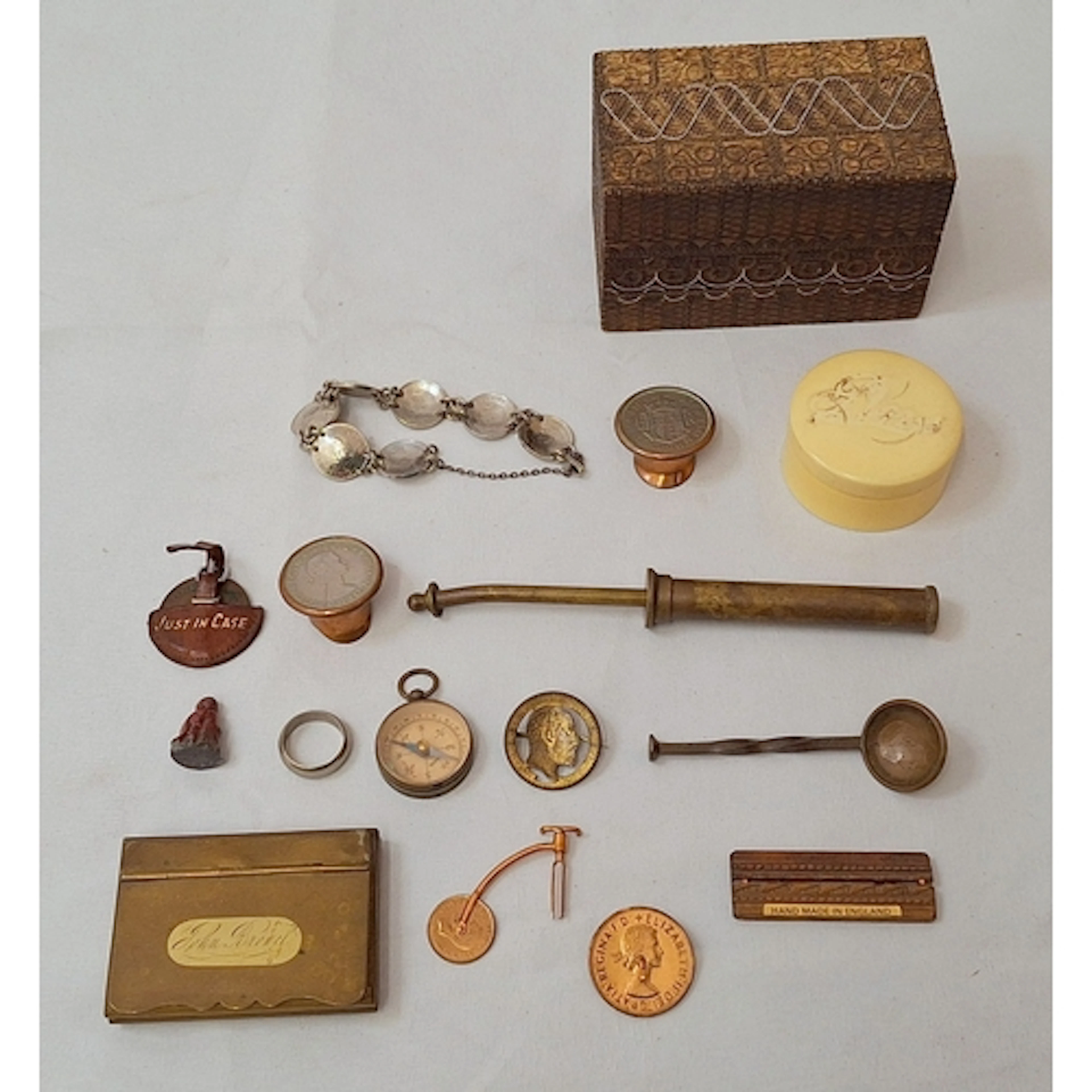 Brass Snuff Box with 3/4 hinged lid, plastic circular pot wi...