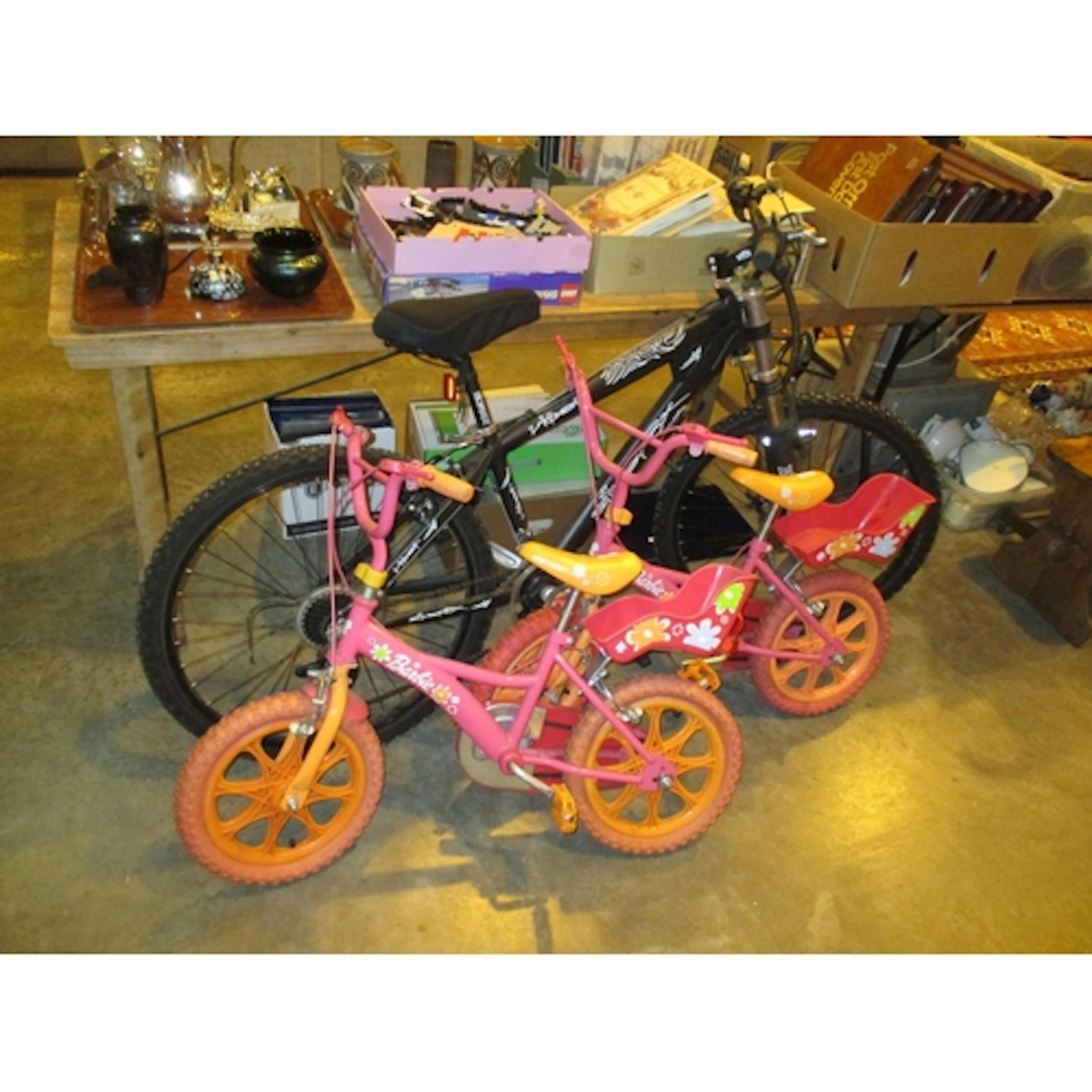 Gents Silver Fox Viper Bike and 2 Girls Barbie Bikes