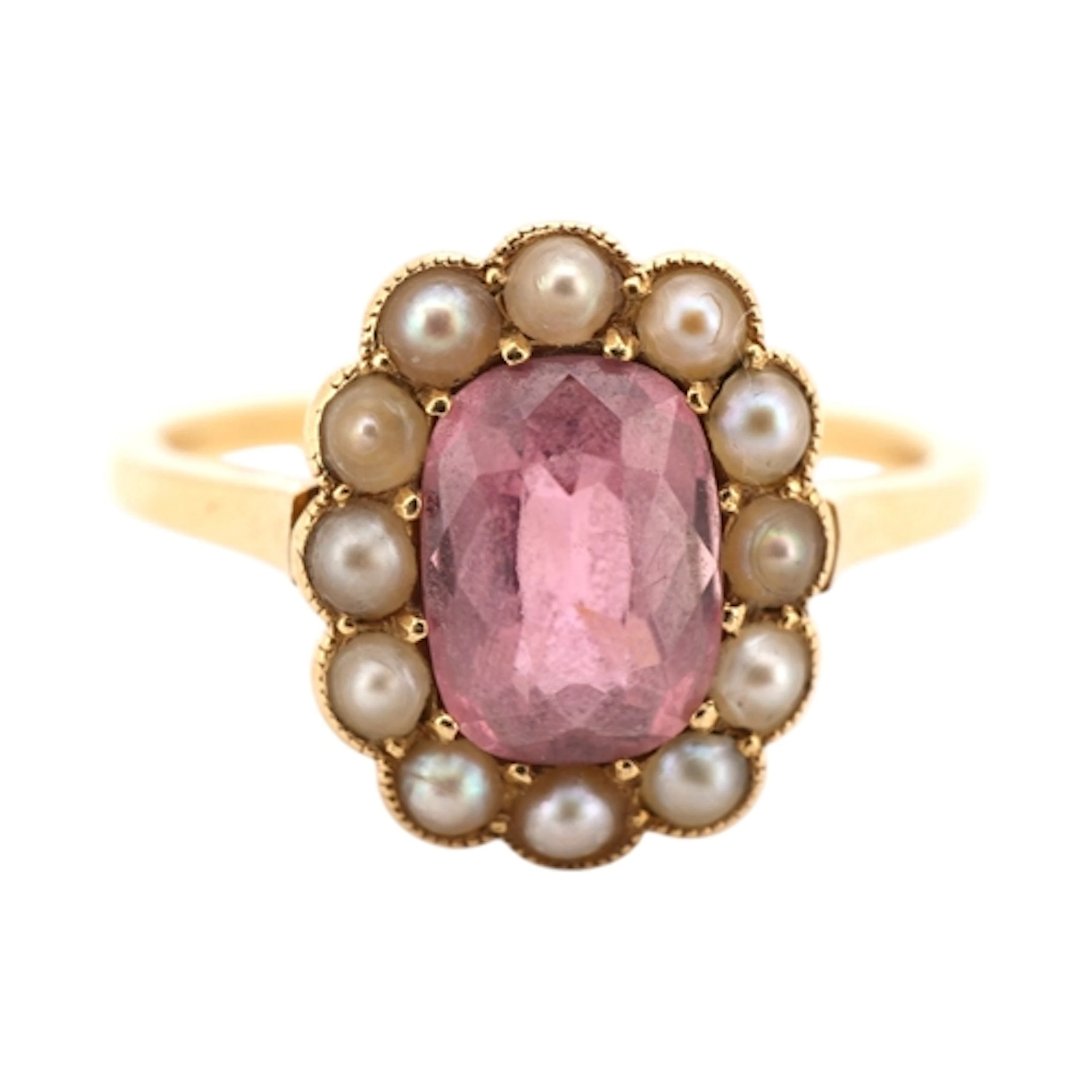 A pink tourmaline and pearl ring, circa 1938, set with an ov...