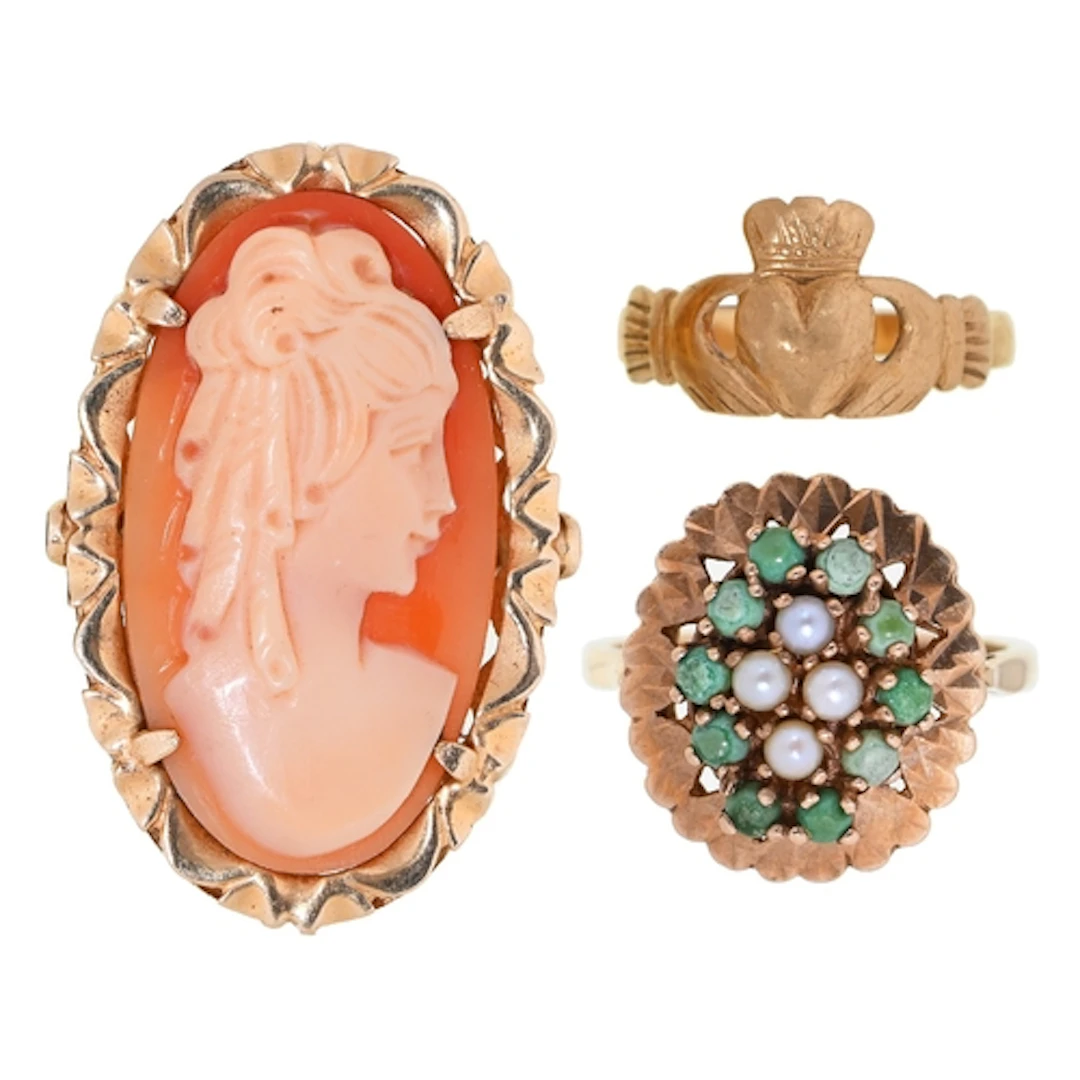 A gold Claddagh ring, Convention marked, a turquoise and spl...