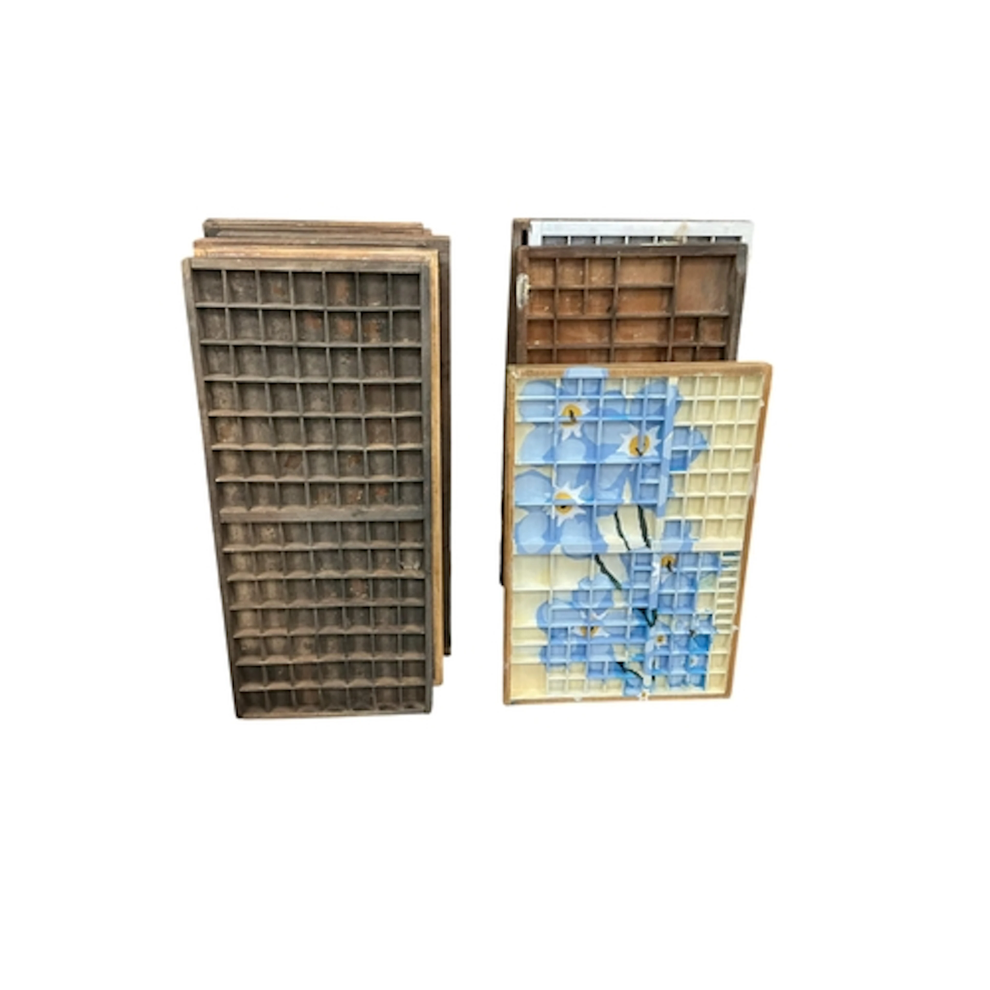 Eleven vintage printer's typeface trays