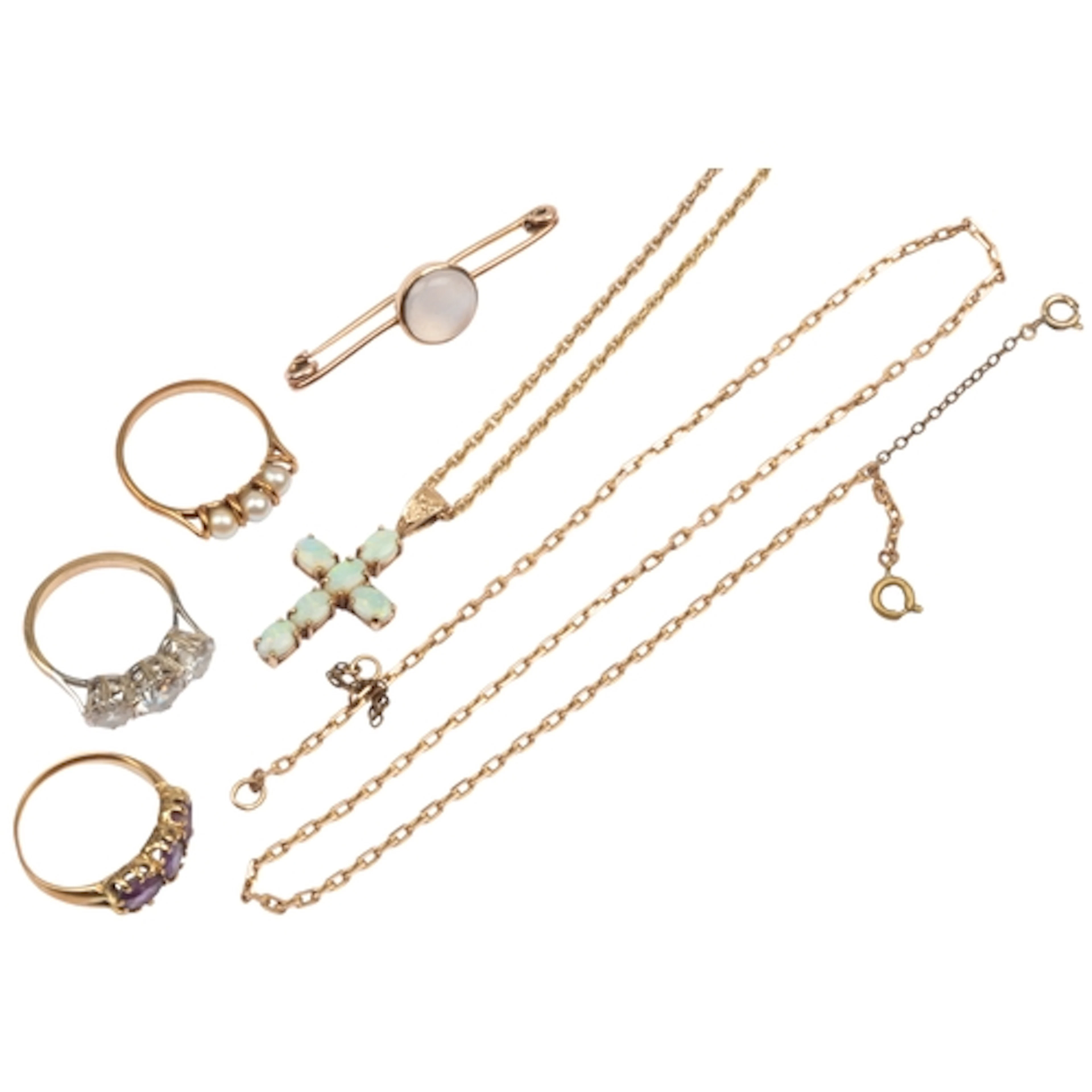 A collection of jewels including a moonstone bar brooch, com...