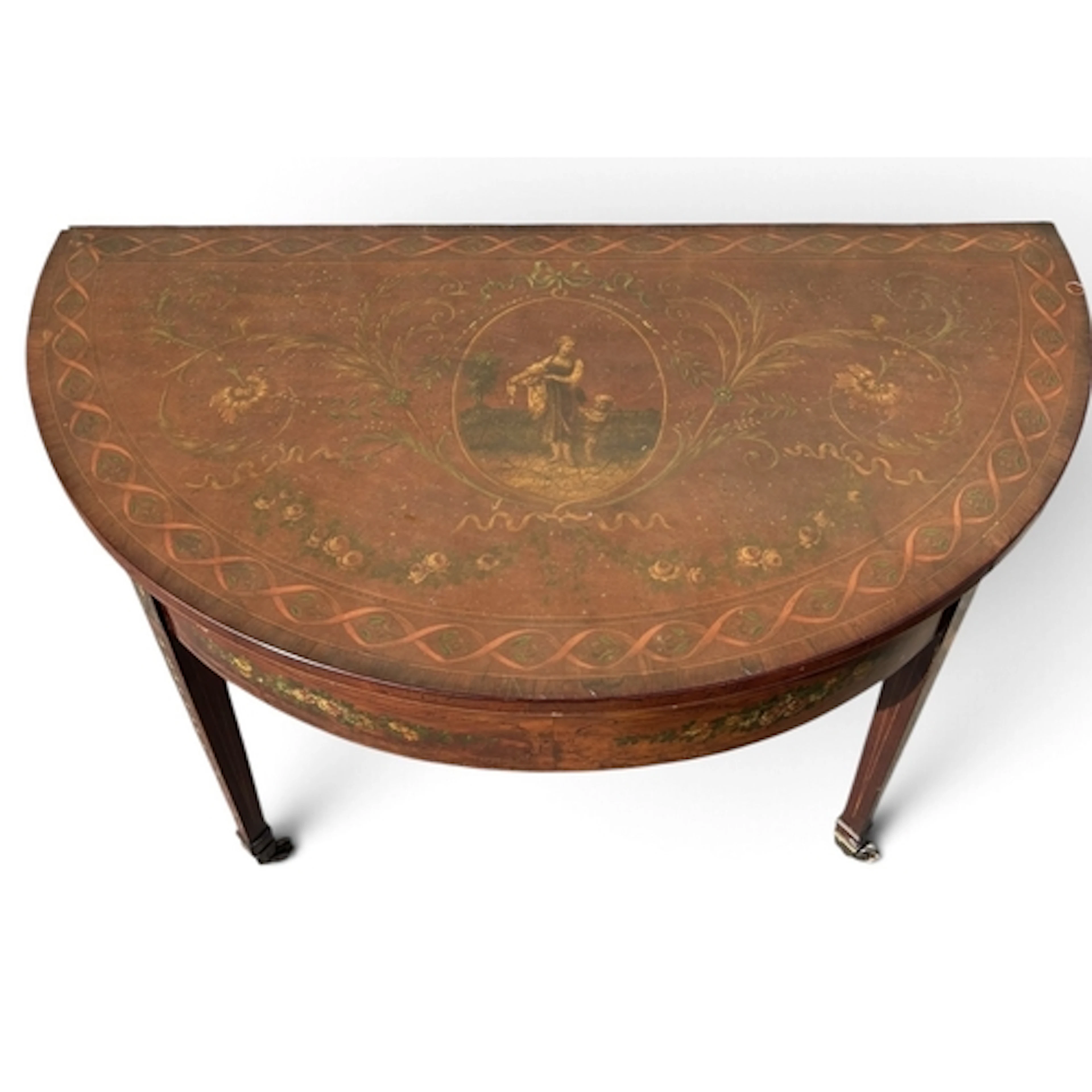 A DEMILUNE CARD TABLE PAINTED WITH FLORAL MOTIFS Open: 70cm ...