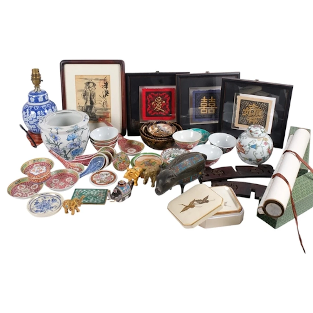 A collection of various Oriental items, including prunus blu...