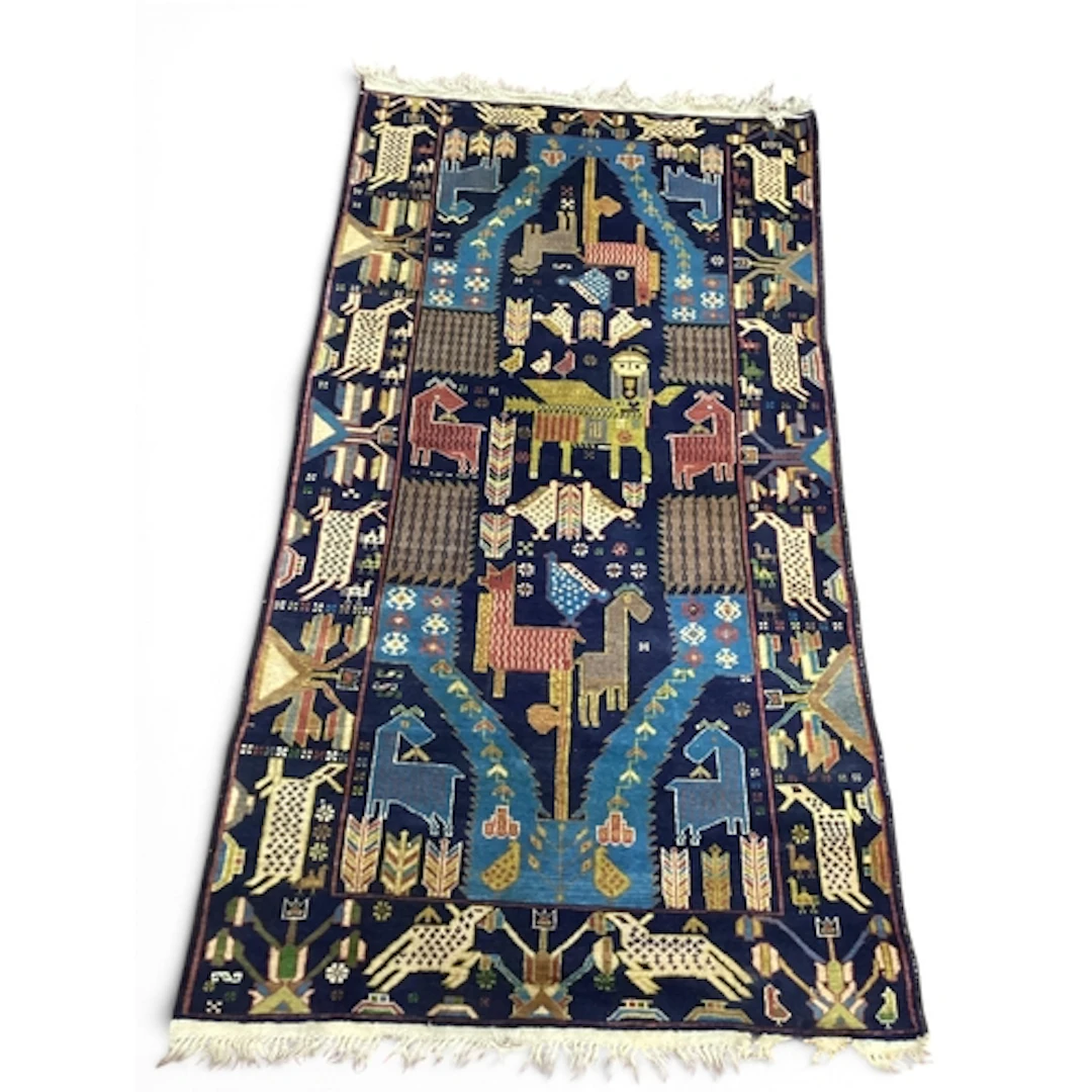 A Hand-Knotted Qashqai-Style Pictorial Wool Rug, woven with ...