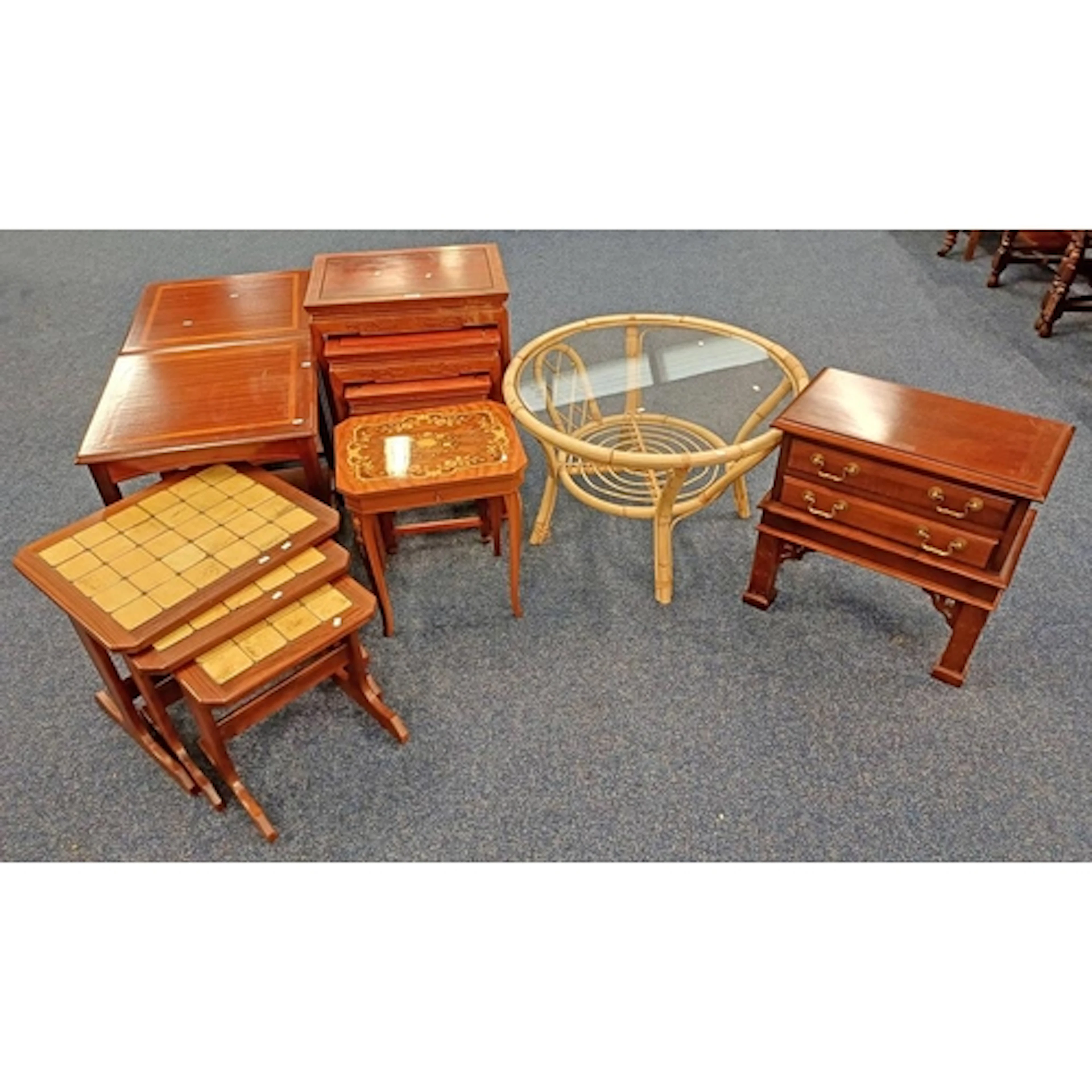 NEST OF 4 CHINESE HARDWOOD TABLES, 2 DRAWER CHEST, PAIR OF L...