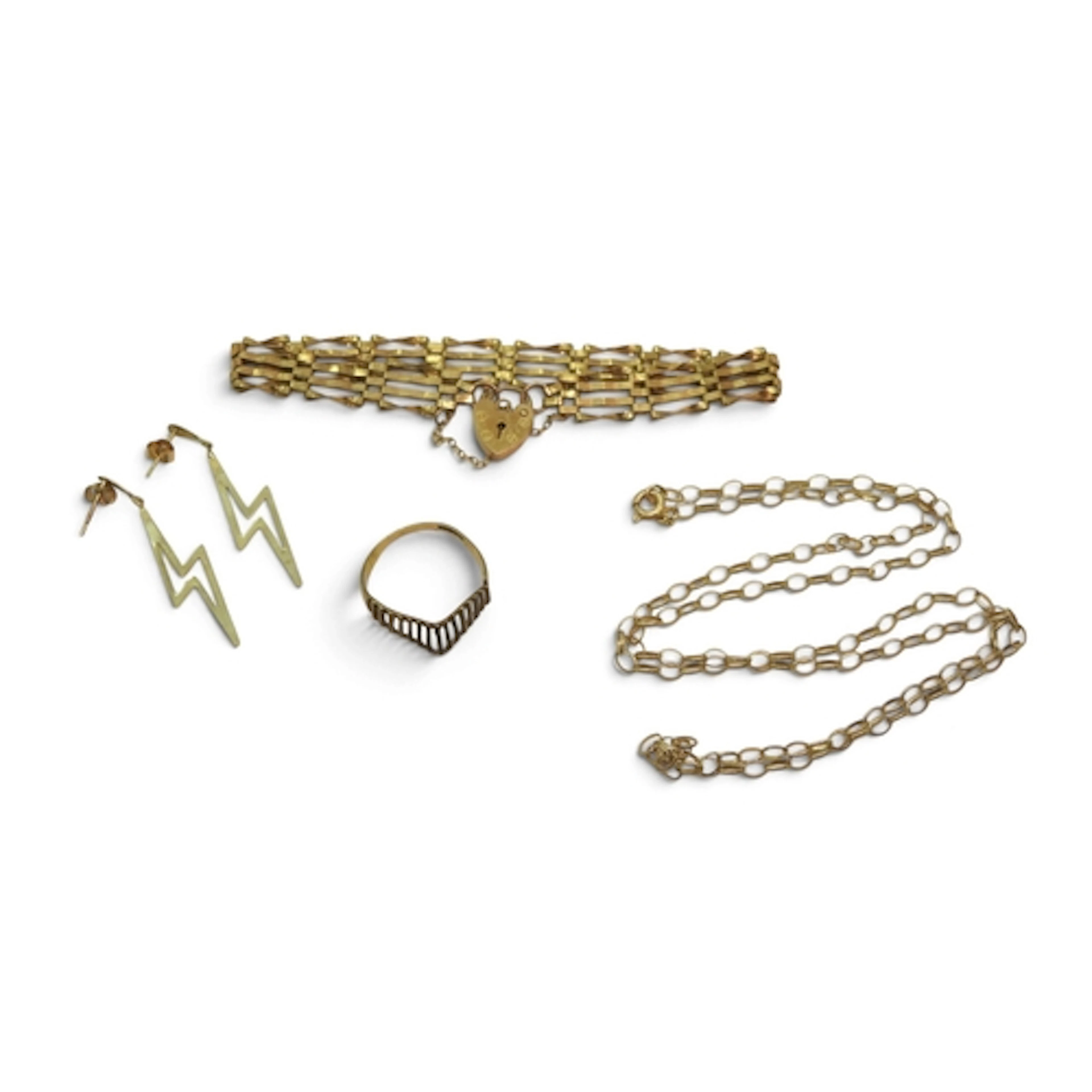 A 9ct gold gate bracelet, 50cm belcher chain, ring and a pai...