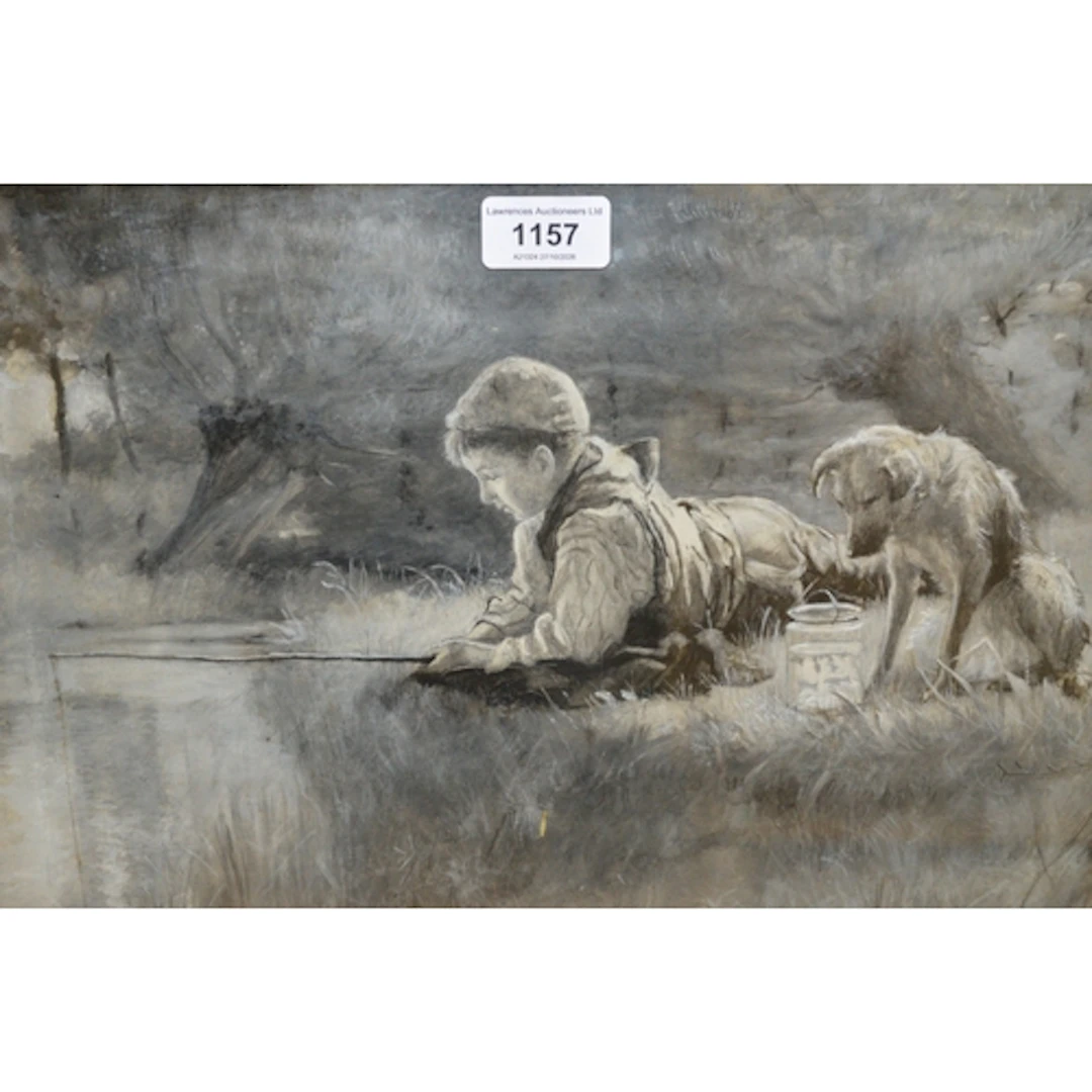 G. H. Jupp, monochrome watercolour, a boy and dog fishing fr...